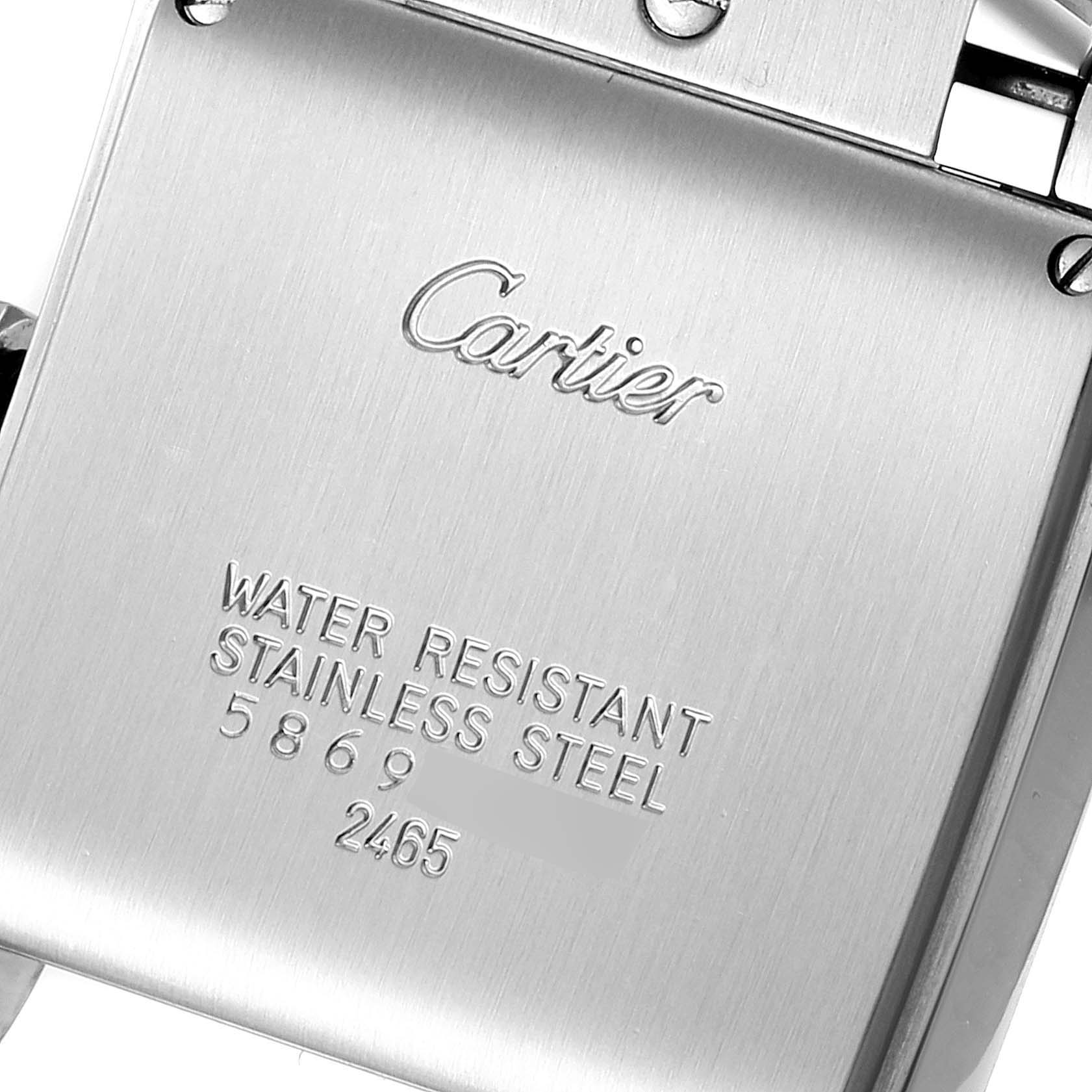 The image shows the back cover of a Cartier Tank Francaise W51011Q3 Women's Stainless Steel Silver Dial W51011Q3 Women's Stainless Steel Silver Dial watch, highlighting its water resistance, material, and model number.