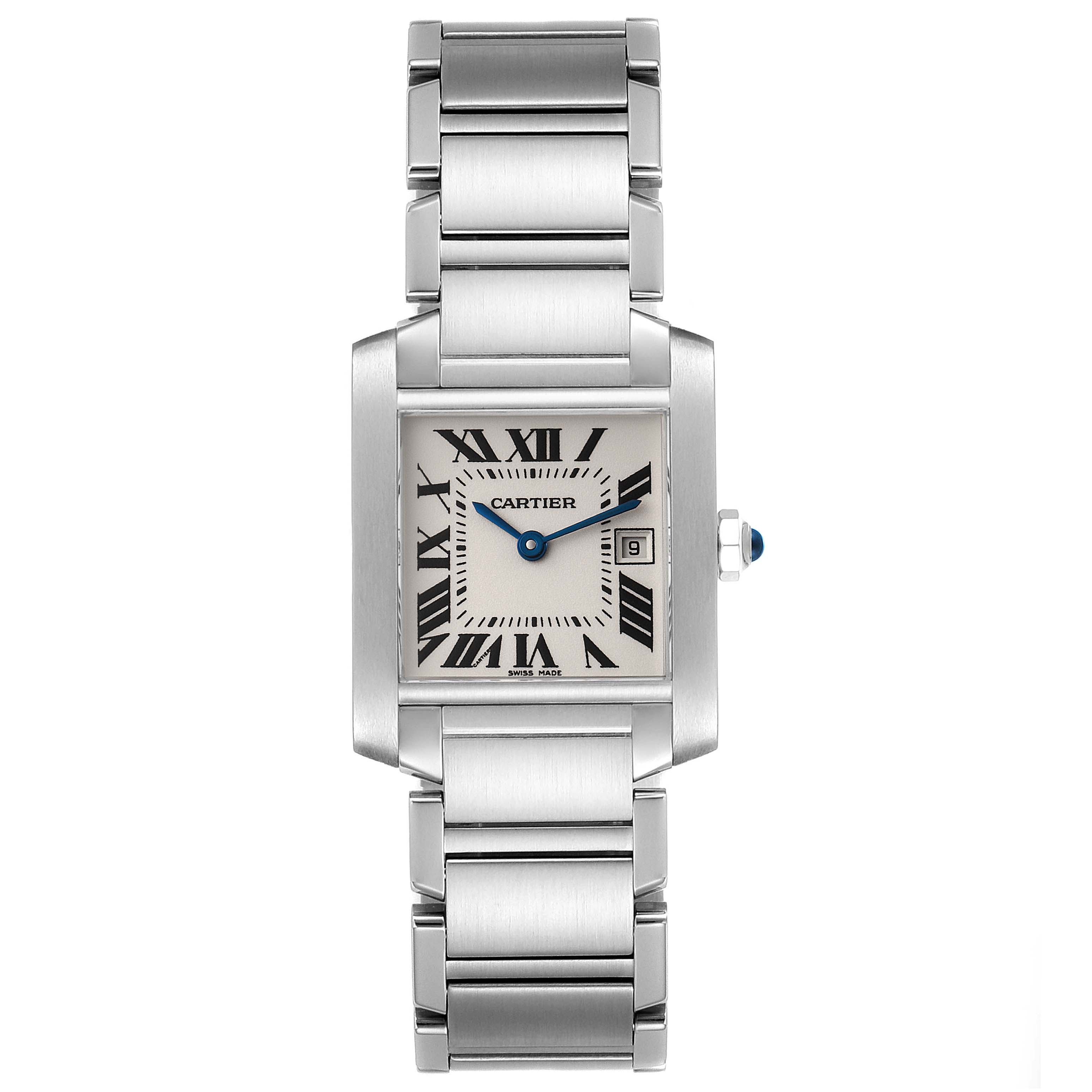 The image shows a front view of the Cartier Tank Francaise W51011Q3 Women's Stainless Steel Silver Dial W51011Q3 Women's Stainless Steel Silver Dial watch, including the face, bracelet, and crown.