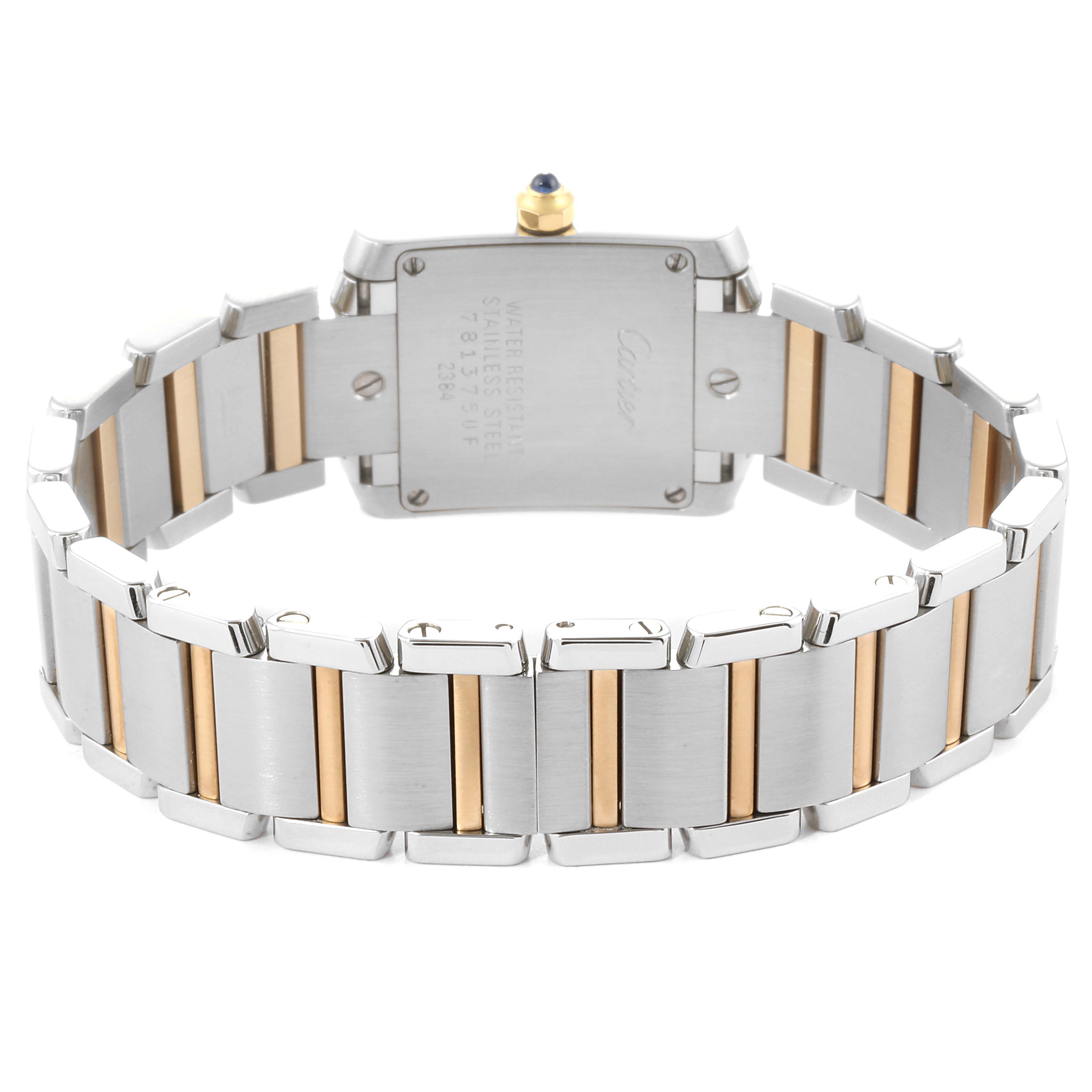 This image shows the back view of the Cartier Tank Francaise W51007Q4 Women's Steel and Gold (two tone) Silver Dial W51007Q4 Women's Steel and Gold (two tone) Silver Dial watch, highlighting its stainless steel and gold bracelet and case back.
