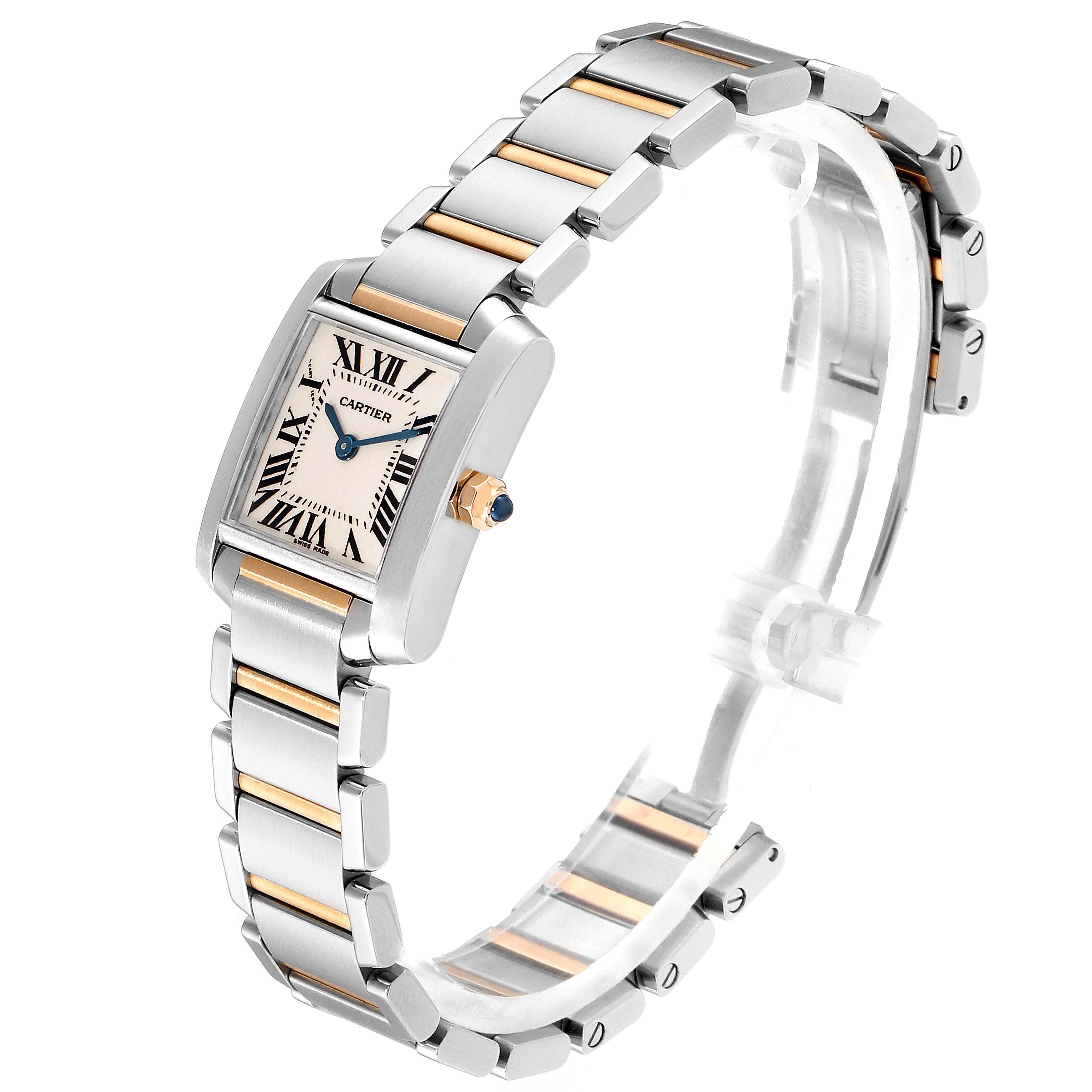 The Cartier Tank Francaise W51007Q4 Women's Steel and Gold (two tone) Silver Dial W51007Q4 Women's Steel and Gold (two tone) Silver Dial watch is shown at a three-quarter angle, displaying the face, bracelet, and crown.