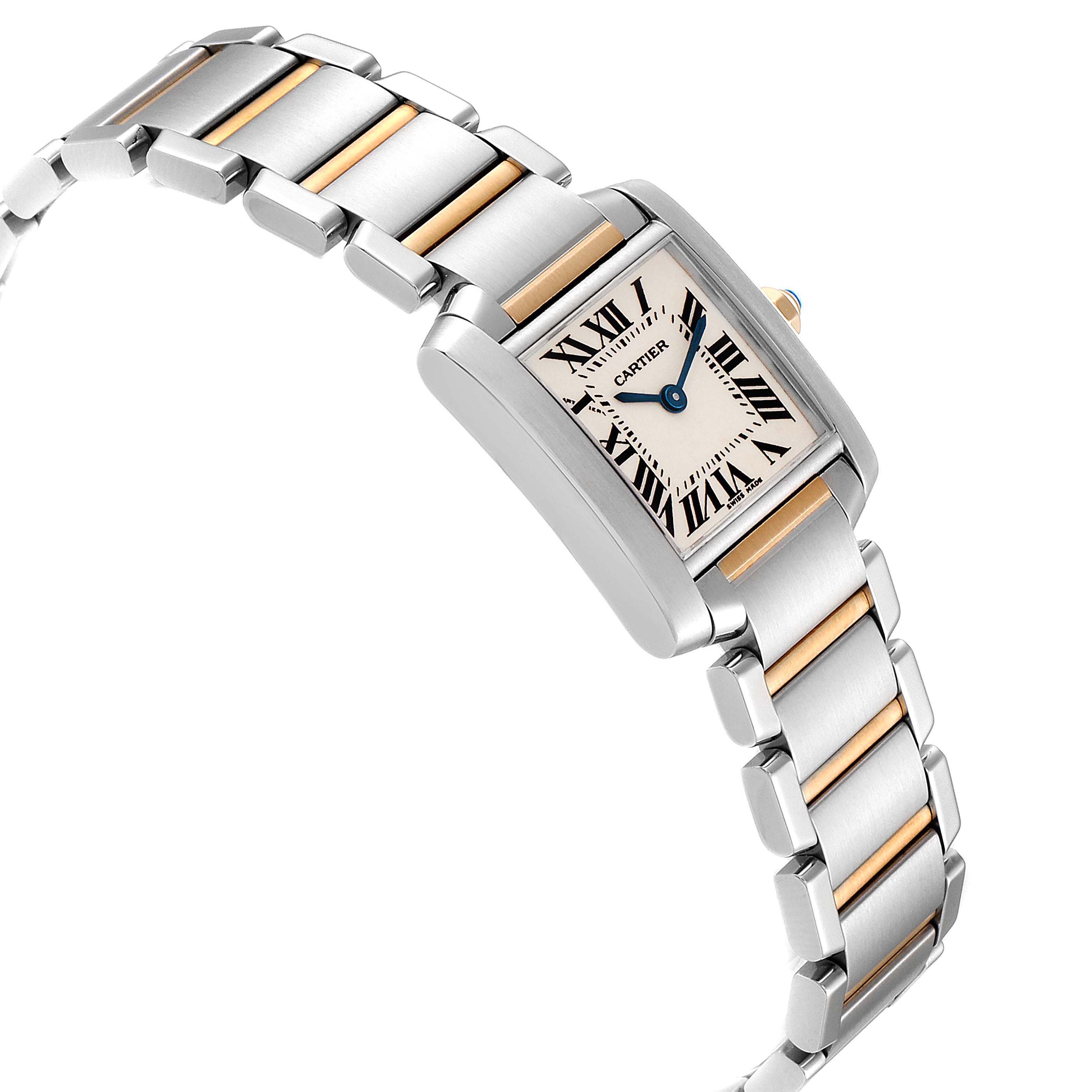The Cartier Tank Francaise W51007Q4 Women's Steel and Gold (two tone) Silver Dial W51007Q4 Women's Steel and Gold (two tone) Silver Dial watch is shown at a side angle, highlighting its square face, Roman numerals, blue sword-shaped hands, and metal link band.
