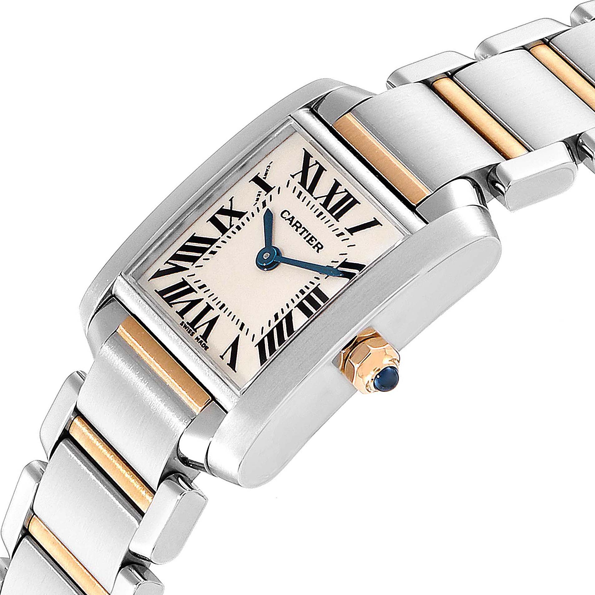 The image shows a close-up angle of the Cartier Tank Francaise W51007Q4 Women's Steel and Gold (two tone) Silver Dial W51007Q4 Women's Steel and Gold (two tone) Silver Dial watch, highlighting its dial and metal bracelet.
