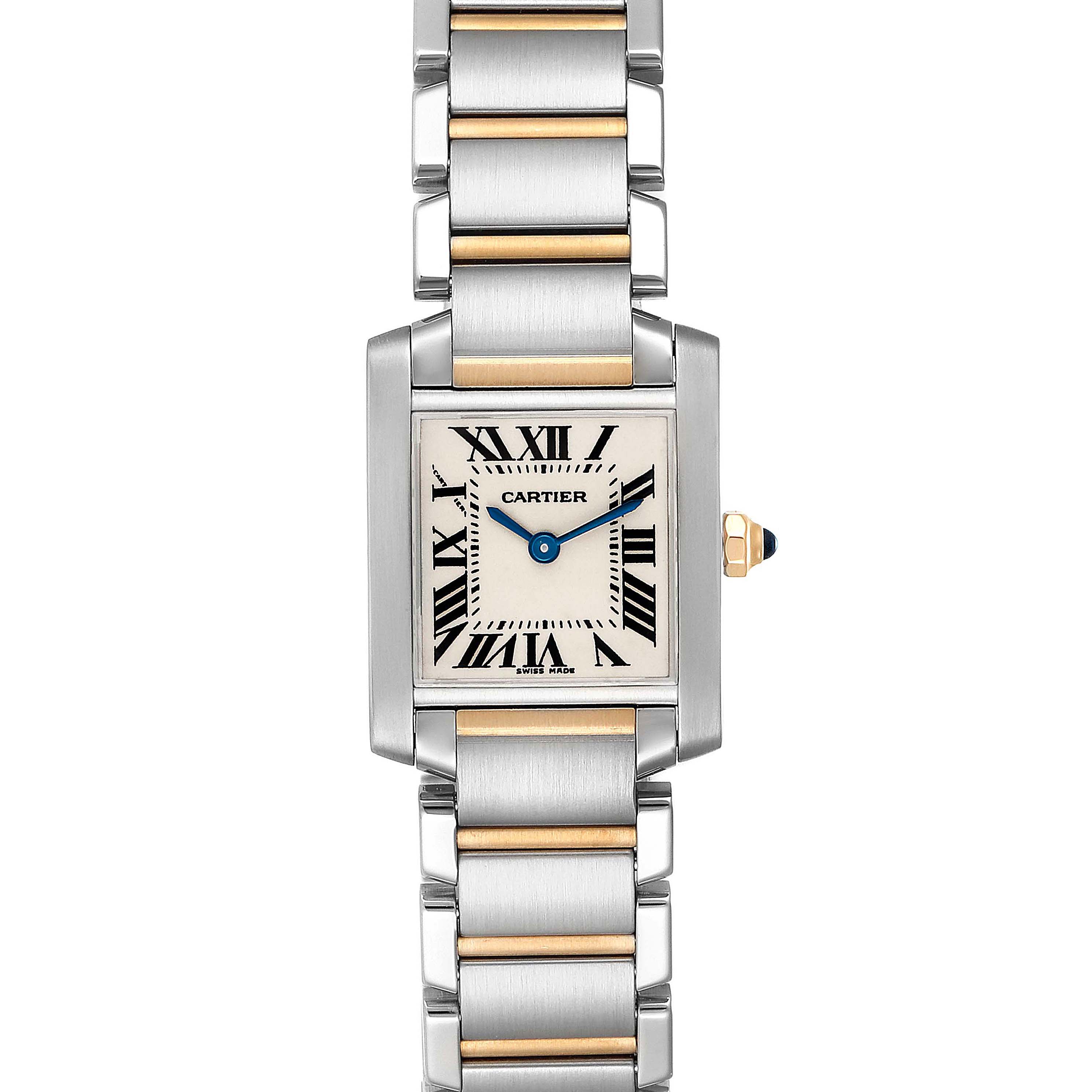 The image shows a frontal view of the Cartier Tank Francaise W51007Q4 Women's Steel and Gold (two tone) Silver Dial W51007Q4 Women's Steel and Gold (two tone) Silver Dial watch, highlighting its rectangular face, Roman numerals, and gold and silver bracelet.