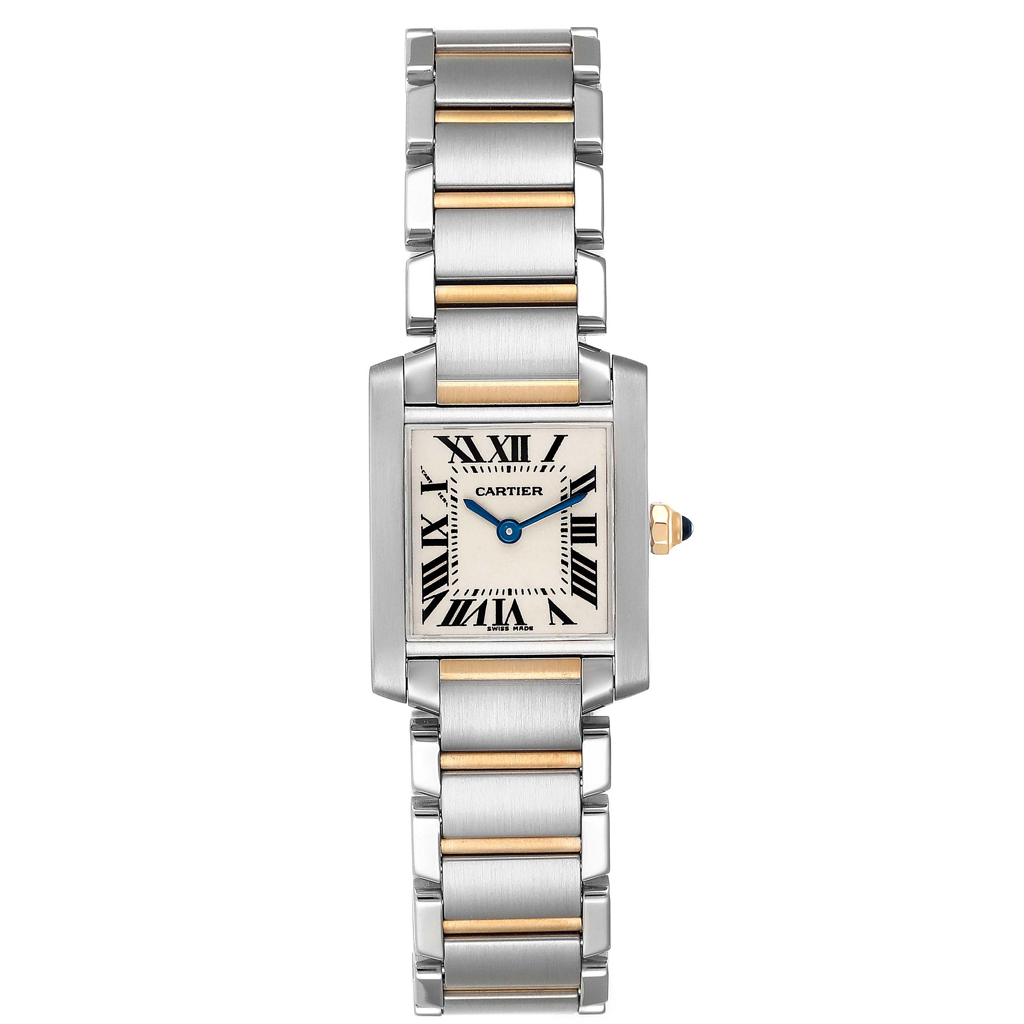 This image shows a full frontal view of the Cartier Tank Francaise W51007Q4 Women's Steel and Gold (two tone) Silver Dial W51007Q4 Women's Steel and Gold (two tone) Silver Dial watch, including its rectangular face and two-tone metal bracelet.