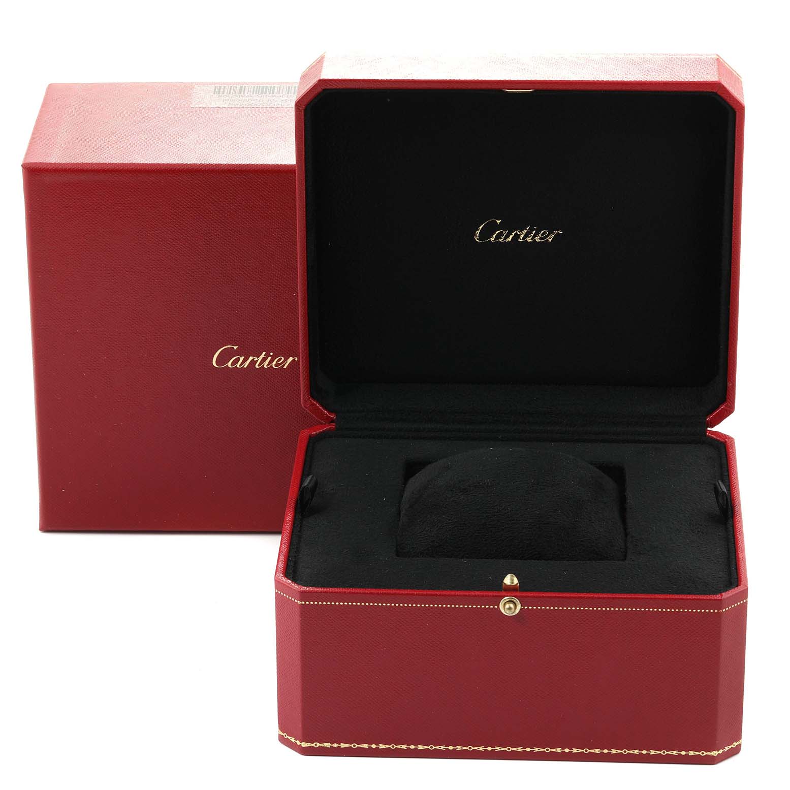 The image shows the opened packaging box for the Cartier Tank Française watch, highlighting its luxurious presentation.