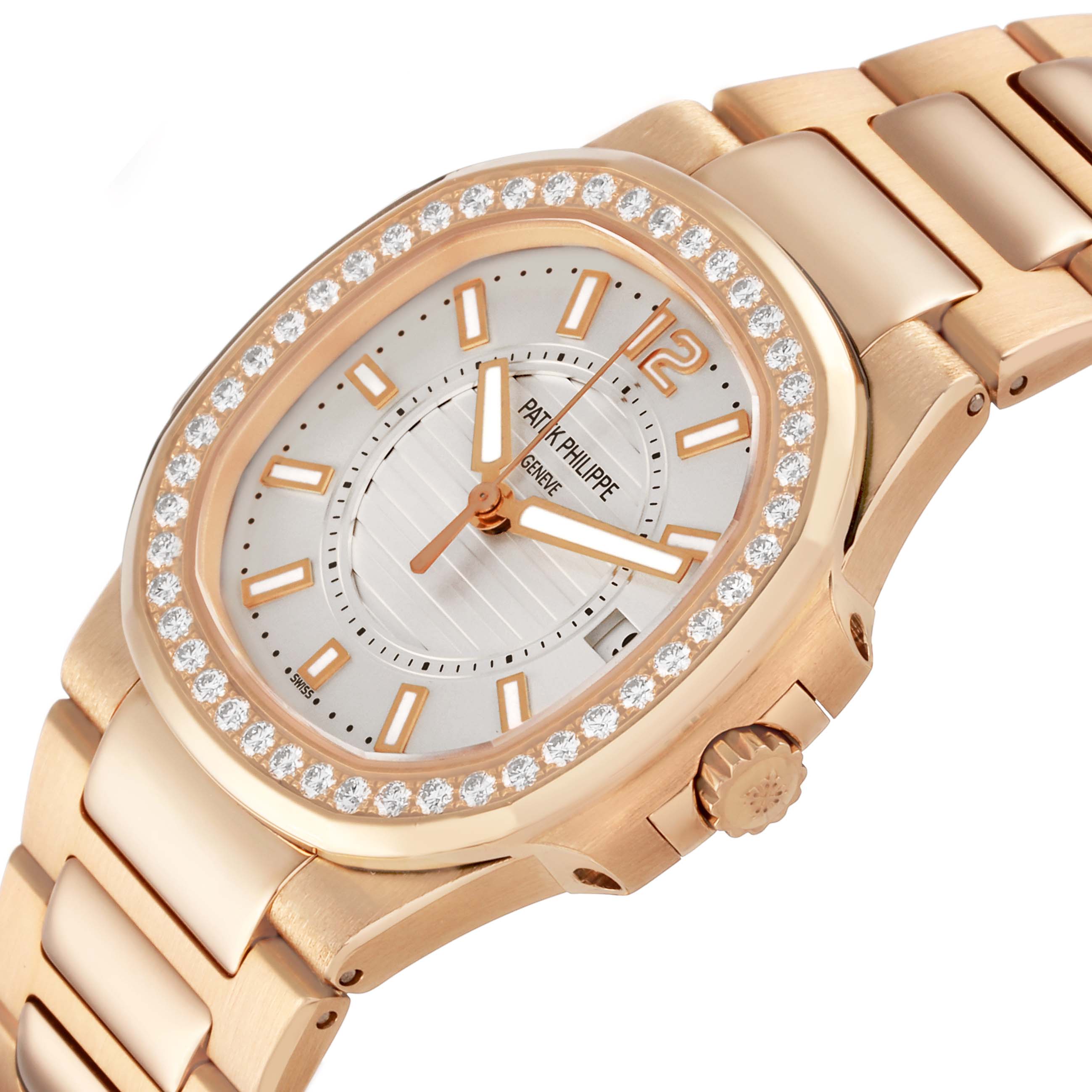 The Patek Philippe Nautilus 7010R Women's Rose Gold Silver Dial watch is shown at an angled side view, displaying the dial, diamond bezel, crown, and part of the bracelet.
