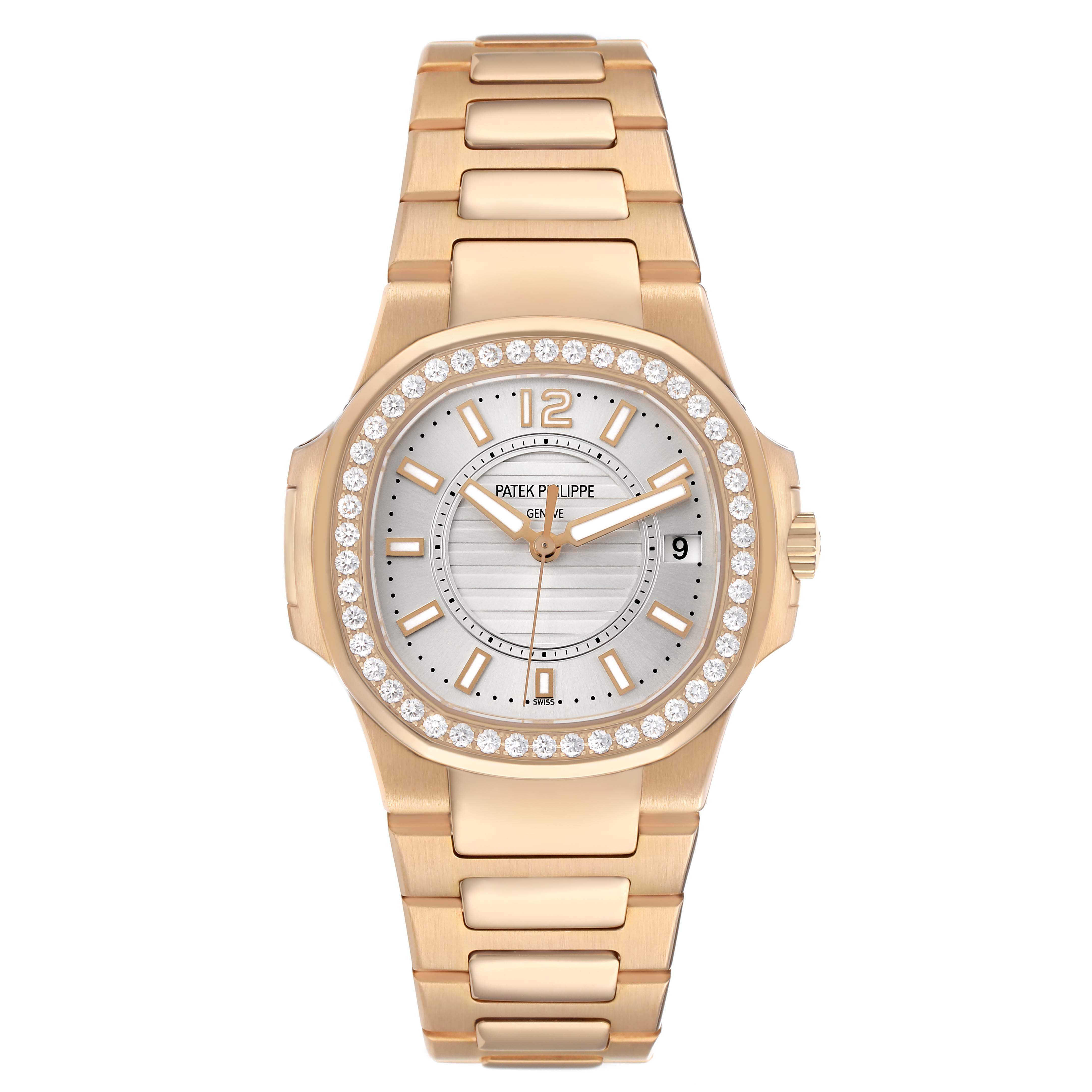 The Patek Philippe Nautilus 7010R Women's Rose Gold Silver Dial watch is shown from a front angle, displaying the face, bezel, and bracelet.