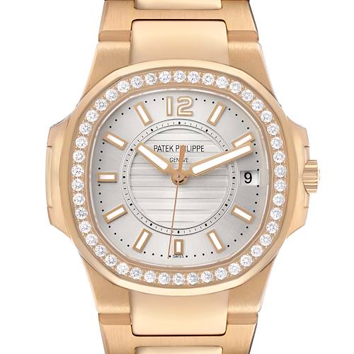 The image shows a front view of the Patek Philippe Nautilus 7010R Women's Rose Gold Silver Dial watch, highlighting its diamond bezel and silver dial.