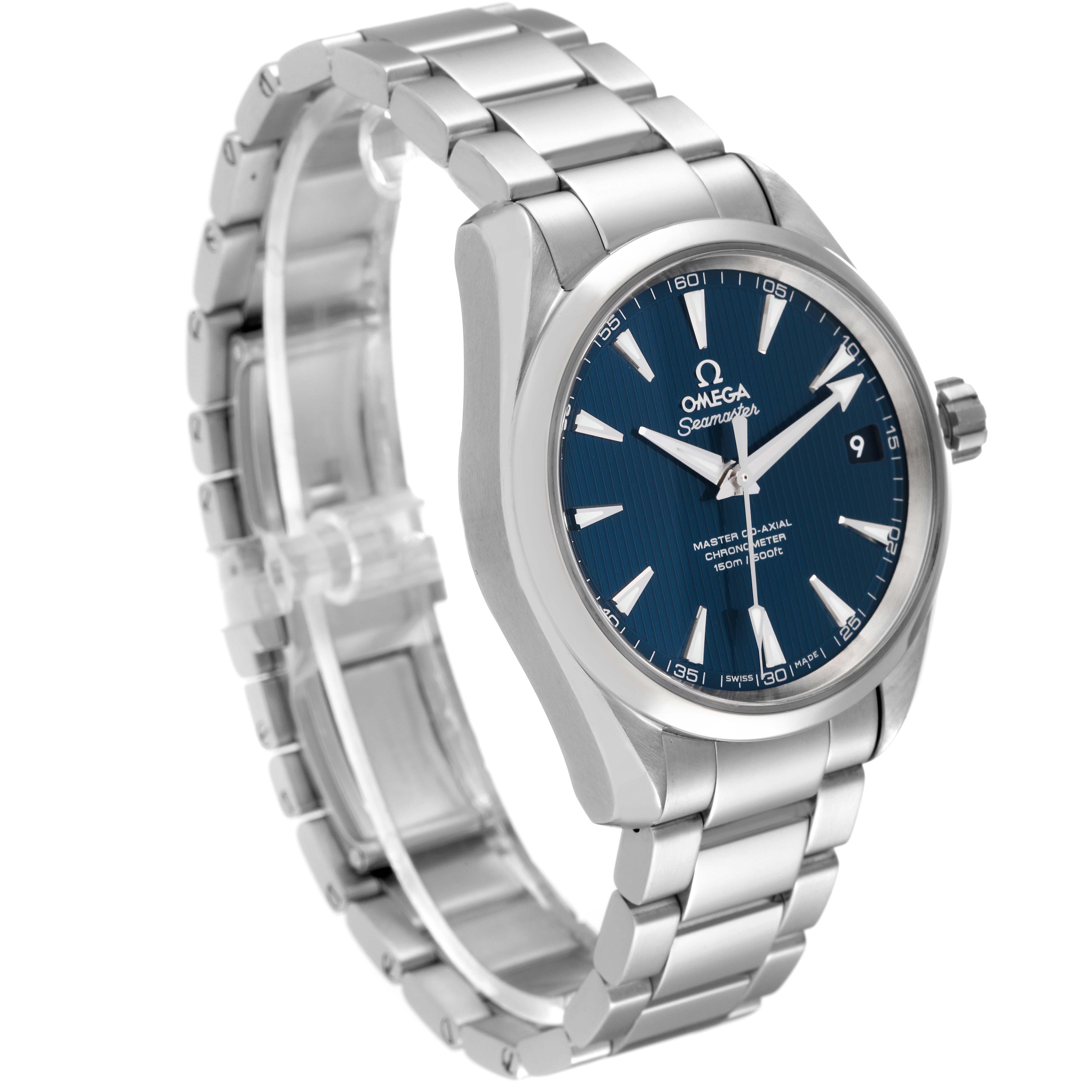 The image shows an Omega Aqua Terra 231.10.39.21.03.002 Men's Stainless Steel Blue Dial 231.10.39.21.03.002 Men's Stainless Steel Blue Dial watch at a three-quarter angle, highlighting the face, bezel, crown, and bracelet.