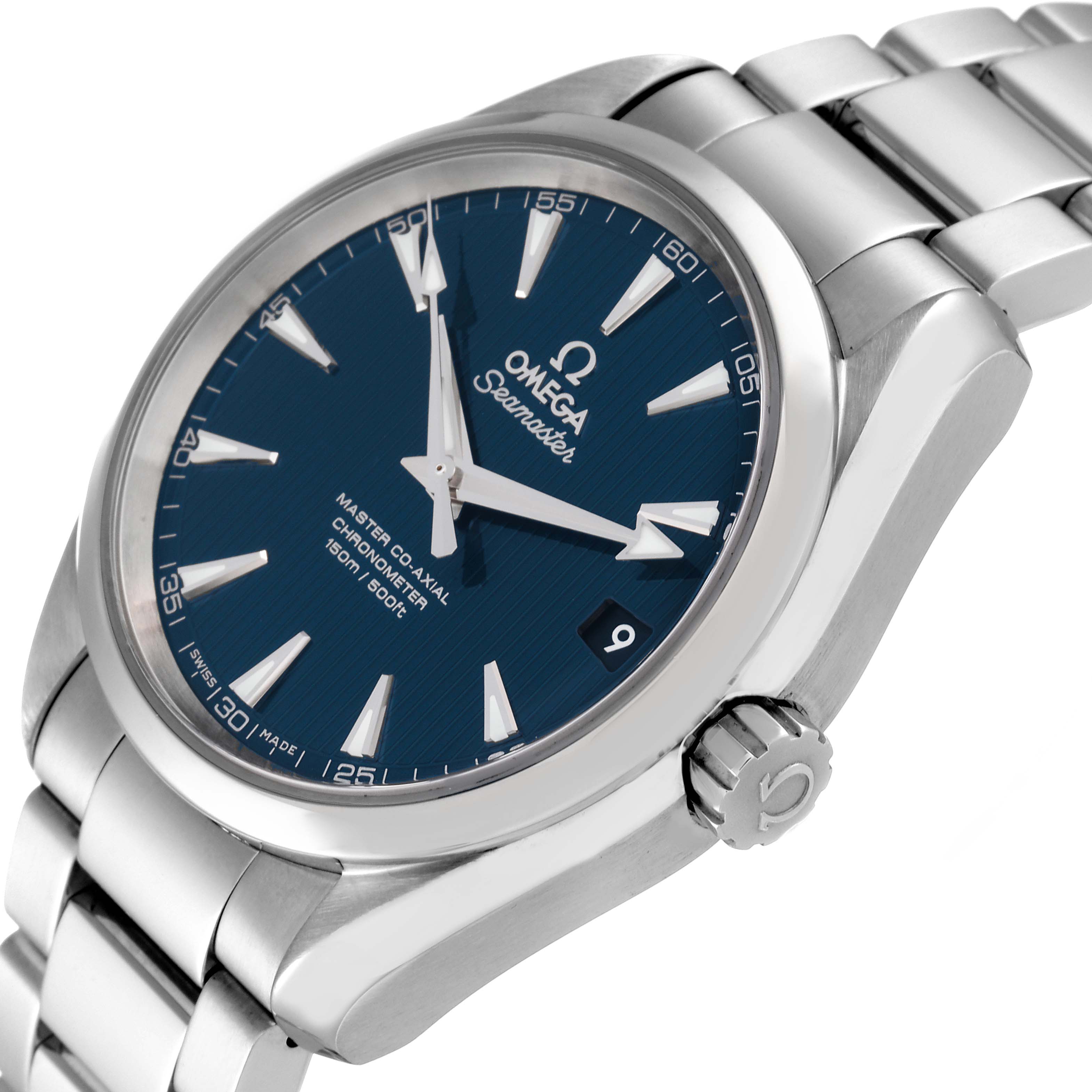 The image shows an angled close-up of the Omega Aqua Terra 231.10.39.21.03.002 Men's Stainless Steel Blue Dial 231.10.39.21.03.002 Men's Stainless Steel Blue Dial Seamaster wristwatch, highlighting its blue dial and stainless steel bracelet.
