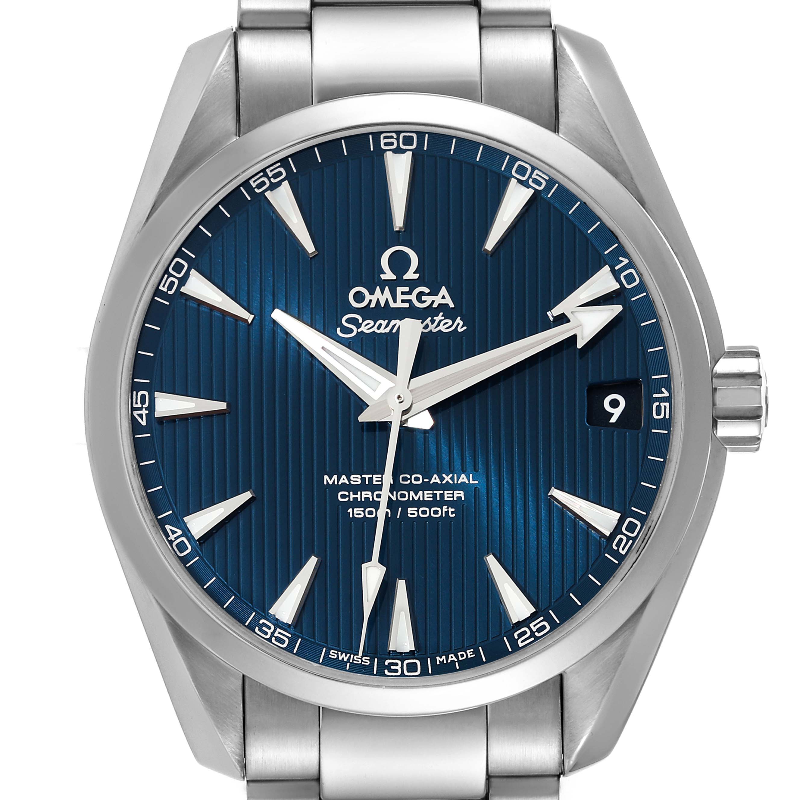 The image shows a front view of the Omega Aqua Terra 231.10.39.21.03.002 Men's Stainless Steel Blue Dial 231.10.39.21.03.002 Men's Stainless Steel Blue Dial watch, highlighting the dial, hands, markers, and part of the bracelet.