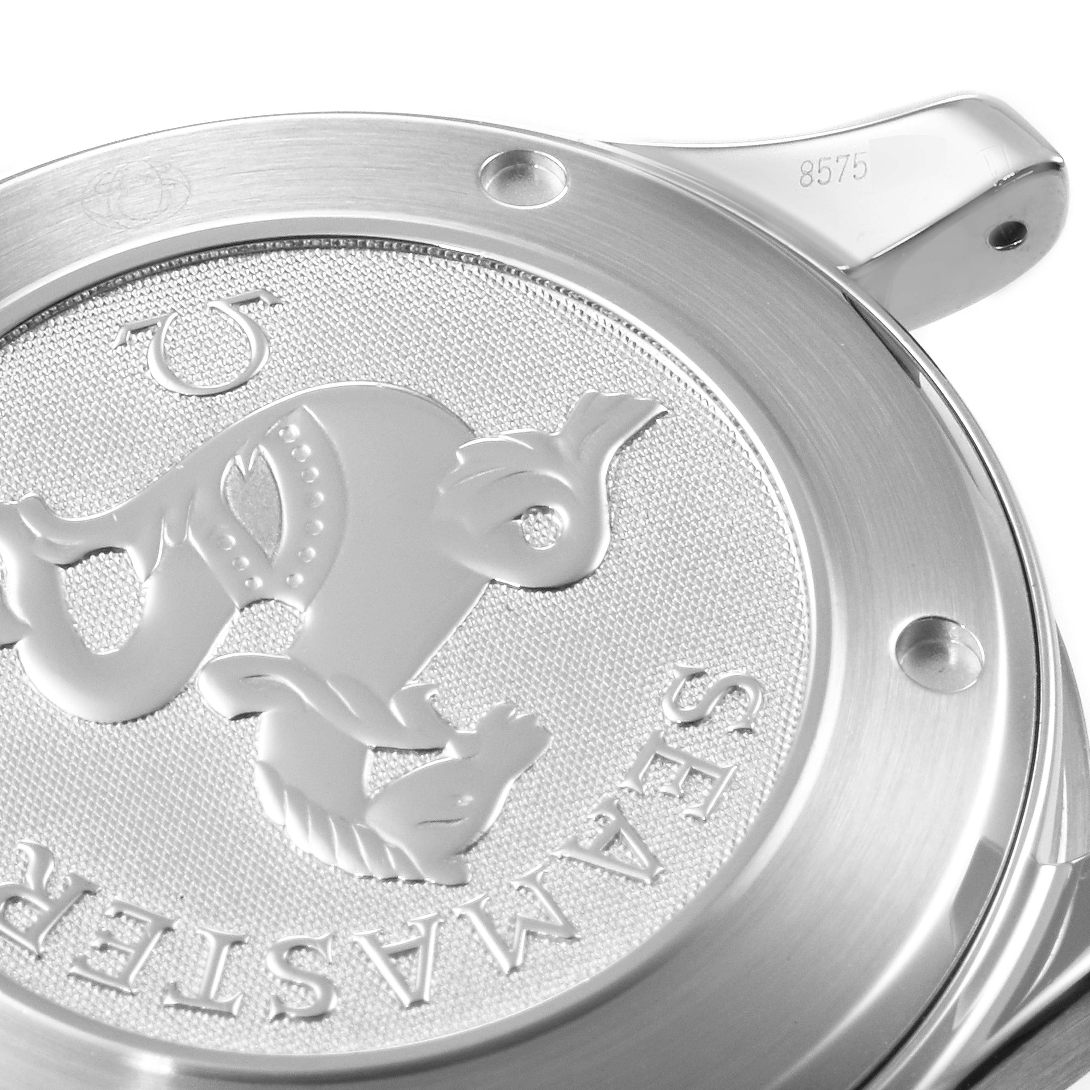 This image shows the back case of an Omega Seamaster 212.30.41.20.01.002 Men's Stainless Steel Black Dial 212.30.41.20.01.002 Men's Stainless Steel Black Dial watch, featuring engraved details and part of the lug.