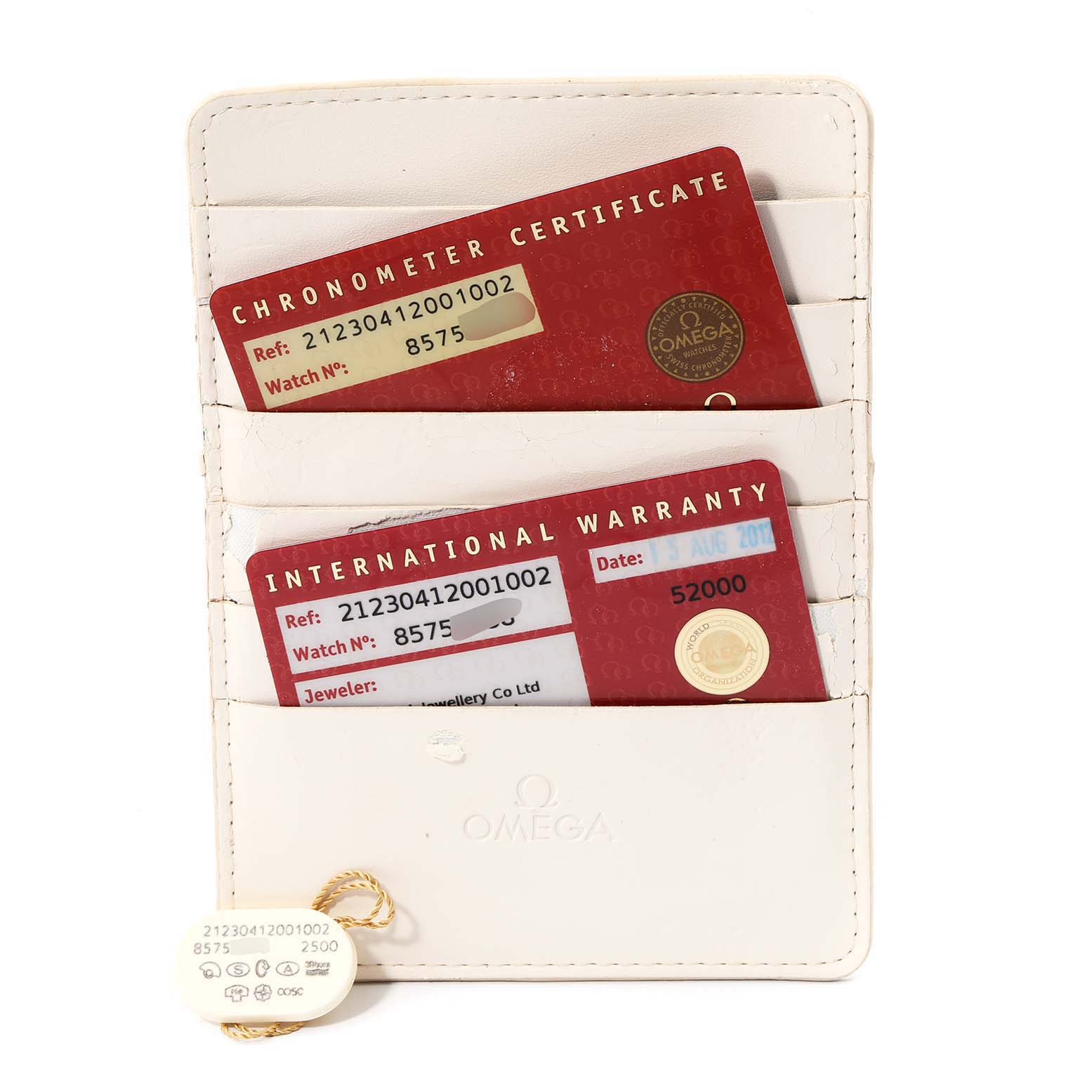 The image shows a white Omega cardholder with a Chronometer Certificate and International Warranty for the Omega Seamaster 212.30.41.20.01.002 Men's Stainless Steel Black Dial 212.30.41.20.01.002 Men's Stainless Steel Black Dial watch.