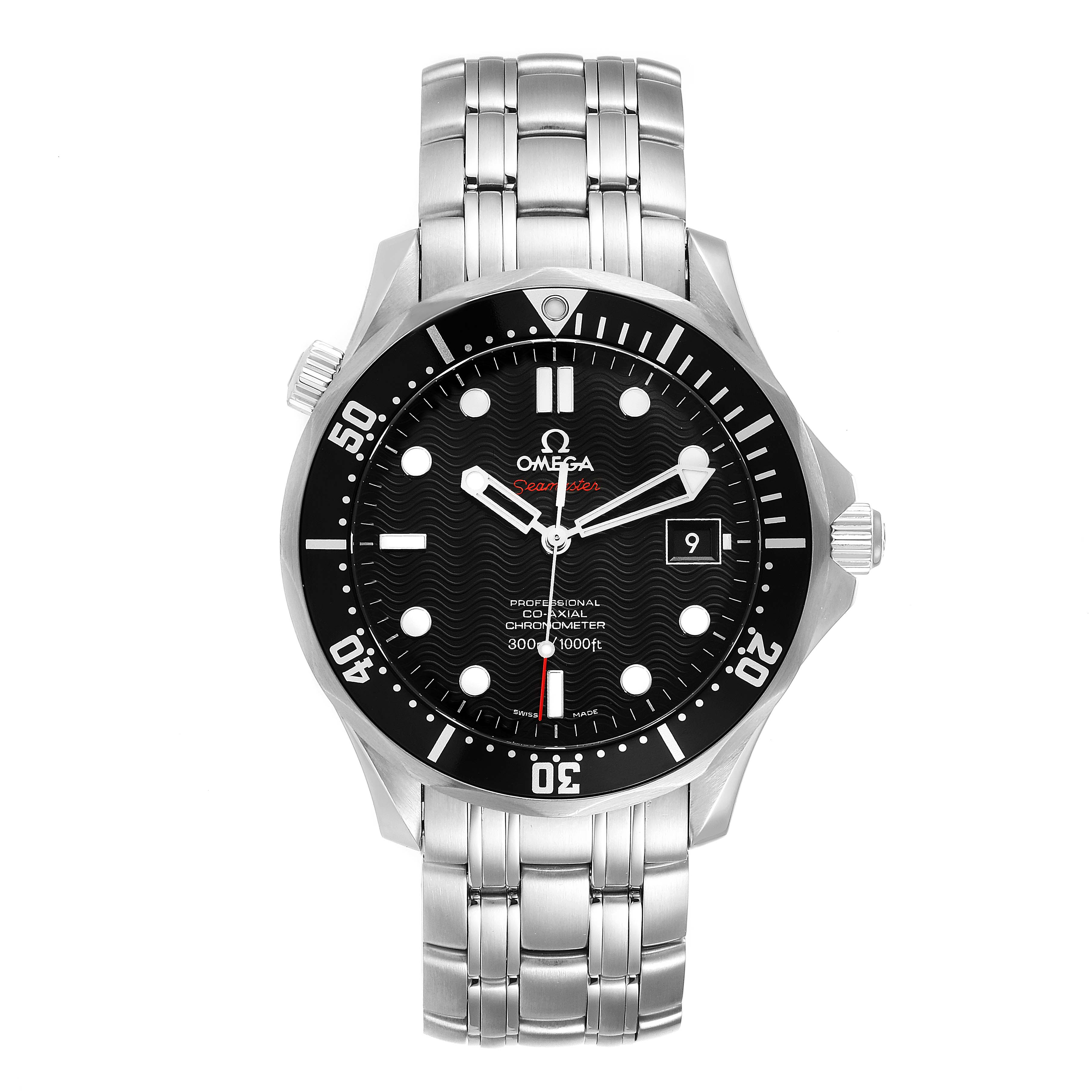 The image shows a front view of the Omega Seamaster 212.30.41.20.01.002 Men's Stainless Steel Black Dial 212.30.41.20.01.002 Men's Stainless Steel Black Dial watch with its stainless steel bracelet, black dial, and date display.