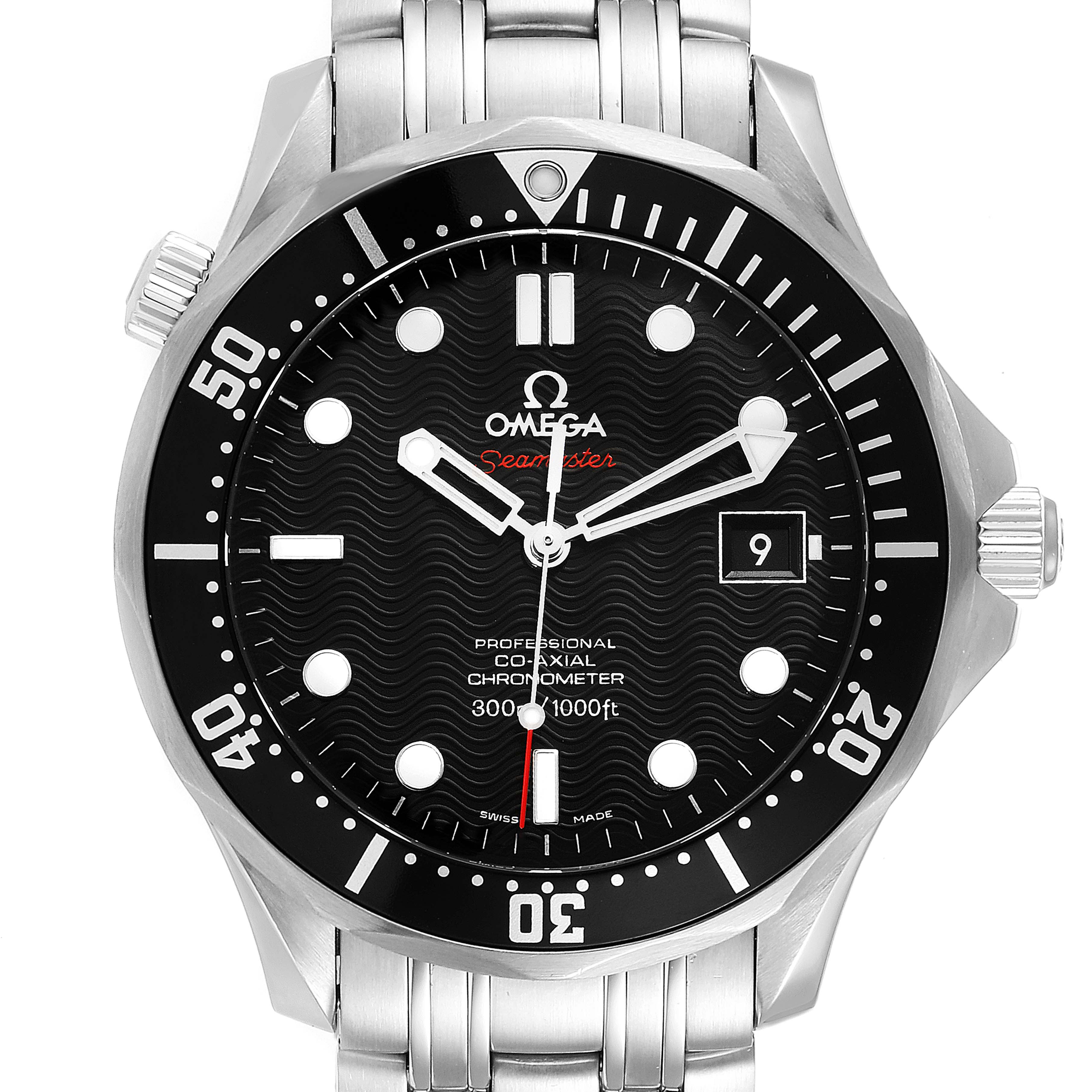 The image shows a front view of the Omega Seamaster 212.30.41.20.01.002 Men's Stainless Steel Black Dial 212.30.41.20.01.002 Men's Stainless Steel Black Dial watch, featuring the dial, bezel, and part of the bracelet.