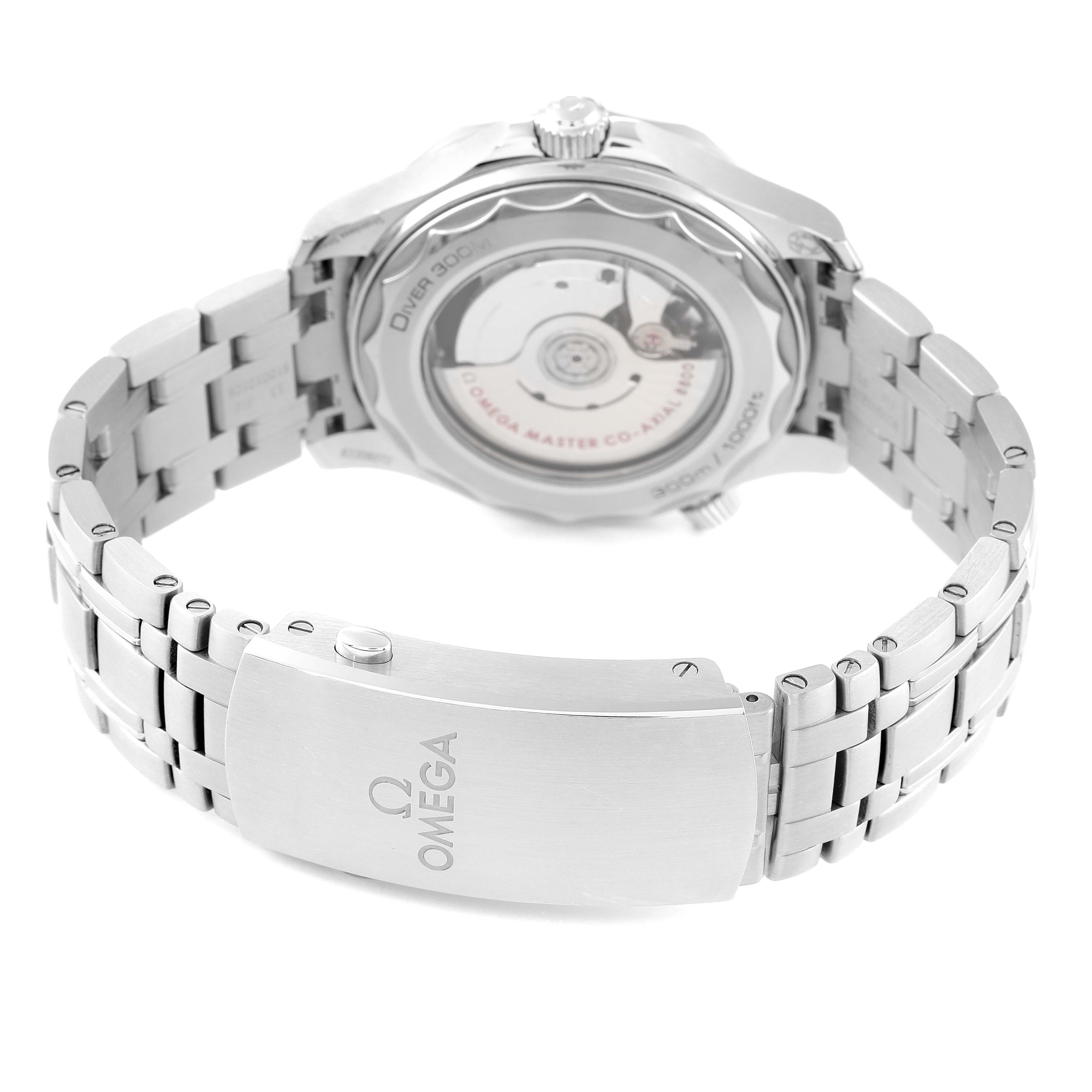 The image shows the back and bracelet of an Omega Seamaster 210.30.42.20.03.001 Men's Stainless Steel Blue Dial 210.30.42.20.03.001 Men's Stainless Steel Blue Dial watch, highlighting the transparent case back and metal links.