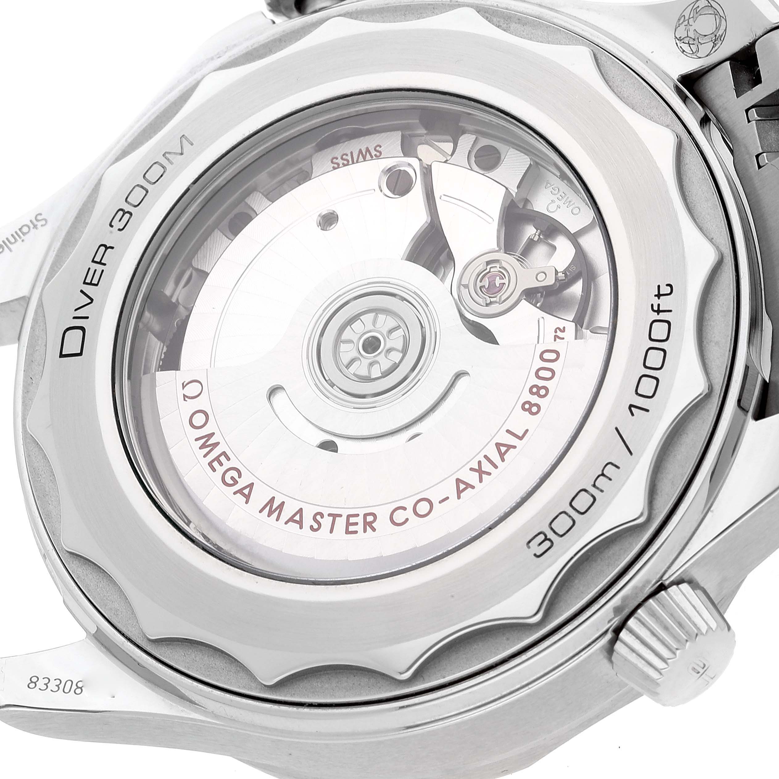 The image shows the back case of the Omega Seamaster 210.30.42.20.03.001 Men's Stainless Steel Blue Dial 210.30.42.20.03.001 Men's Stainless Steel Blue Dial watch, displaying the movement and water resistance marking.