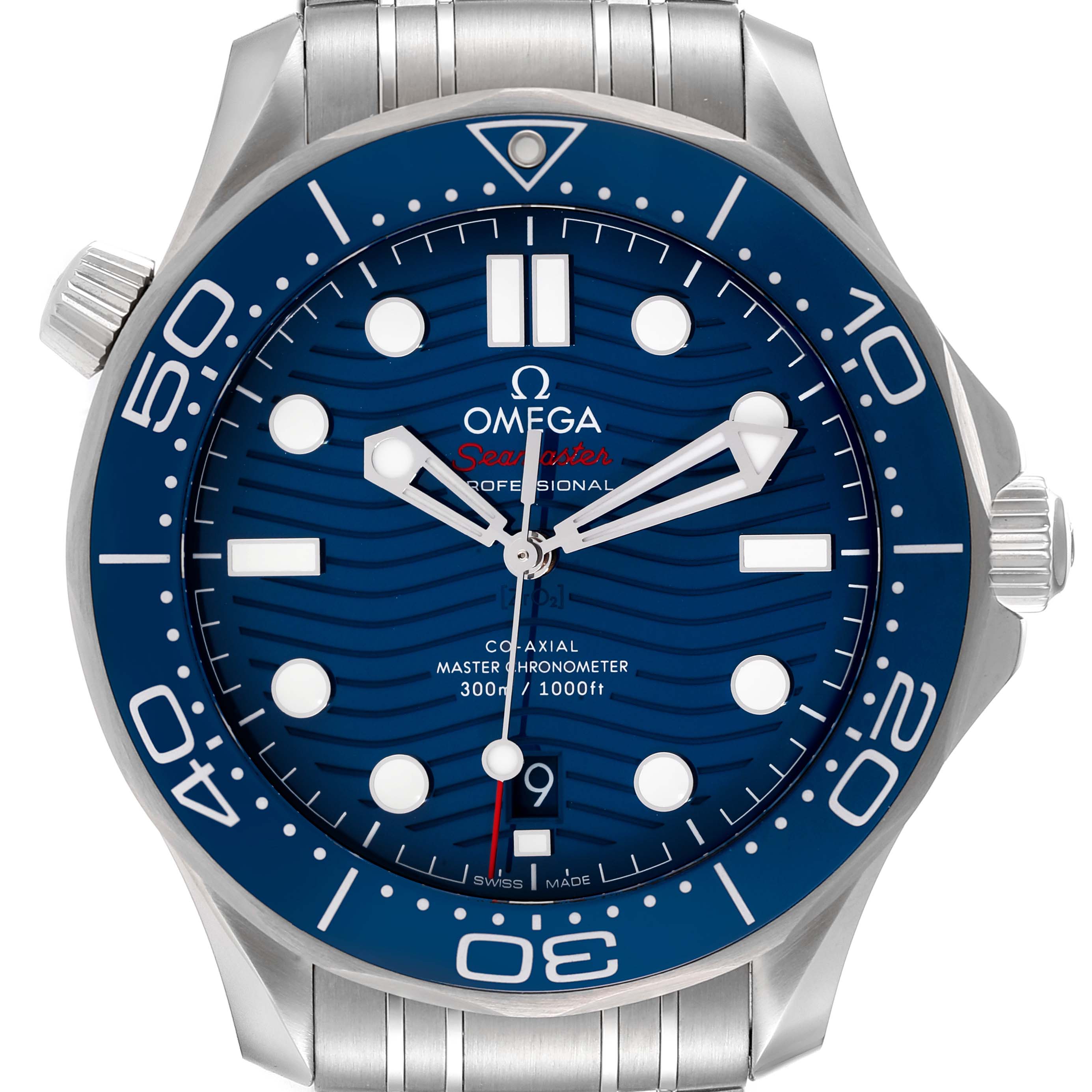 This image shows a front view of the Omega Seamaster 210.30.42.20.03.001 Men's Stainless Steel Blue Dial 210.30.42.20.03.001 Men's Stainless Steel Blue Dial watch, highlighting its blue dial, hands, markers, and bezel.