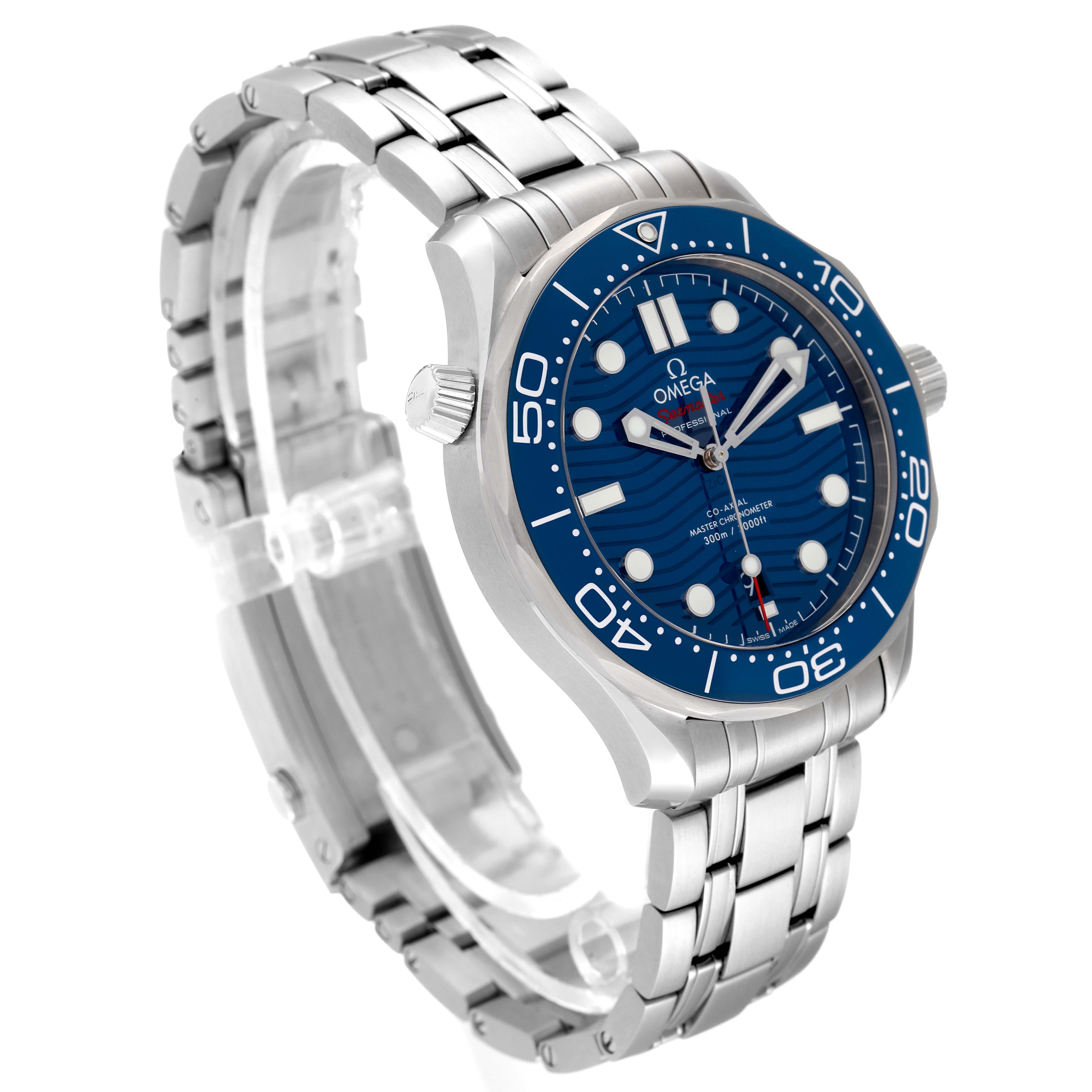 This image shows a side-angle view of the Omega Seamaster 210.30.42.20.03.001 Men's Stainless Steel Blue Dial 210.30.42.20.03.001 Men's Stainless Steel Blue Dial watch, highlighting the stainless steel case and bracelet, and blue dial.