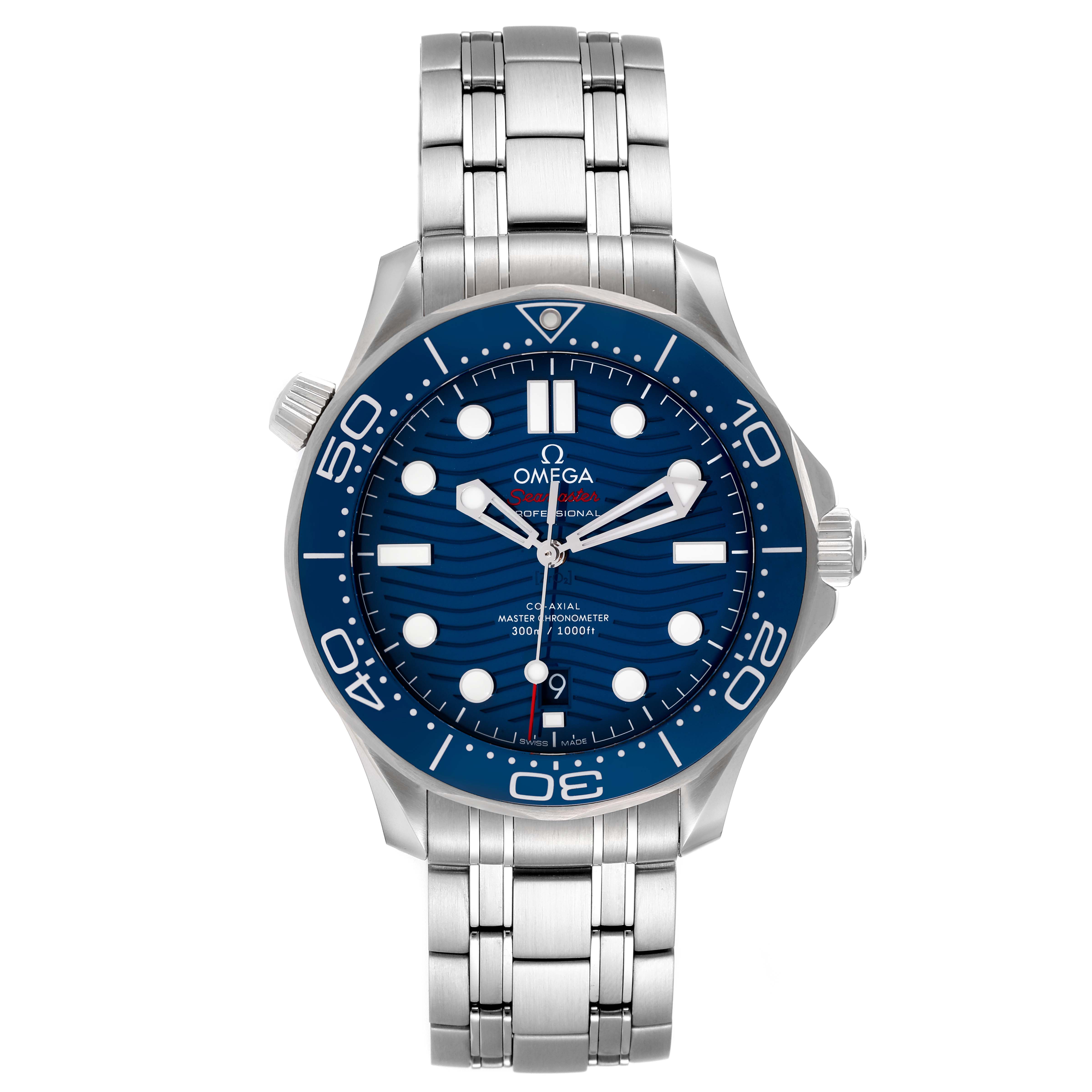 The image shows a front view of an Omega Seamaster 210.30.42.20.03.001 Men's Stainless Steel Blue Dial 210.30.42.20.03.001 Men's Stainless Steel Blue Dial watch featuring a blue dial and silver bracelet.