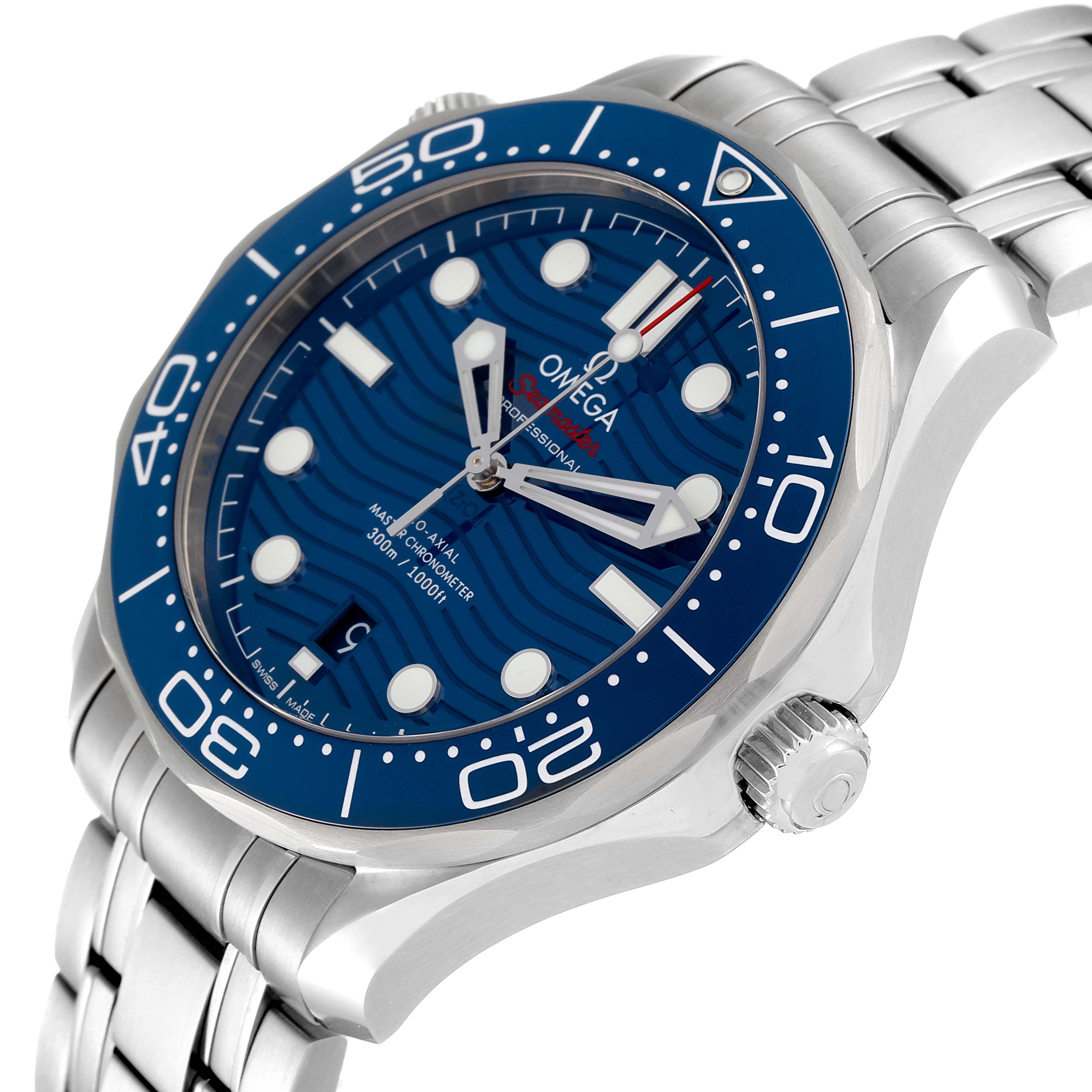 The Omega Seamaster 210.30.42.20.03.001 Men's Stainless Steel Blue Dial 210.30.42.20.03.001 Men's Stainless Steel Blue Dial watch is shown at a three-quarter angle, highlighting its blue face, bezel, and metal bracelet.