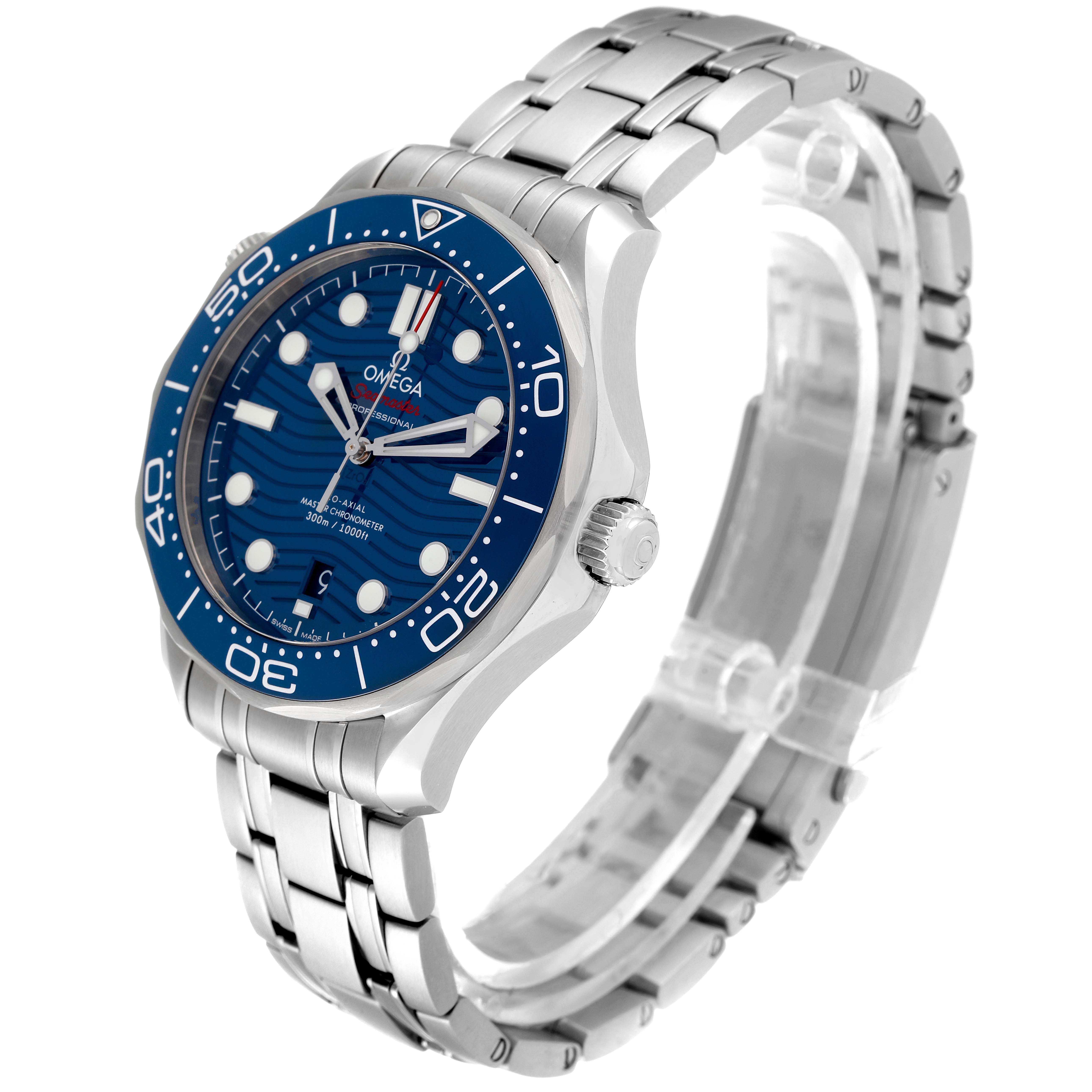 The Omega Seamaster 210.30.42.20.03.001 Men's Stainless Steel Blue Dial 210.30.42.20.03.001 Men's Stainless Steel Blue Dial watch is shown at a three-quarter angle, highlighting its blue dial, bezel, and stainless steel bracelet.