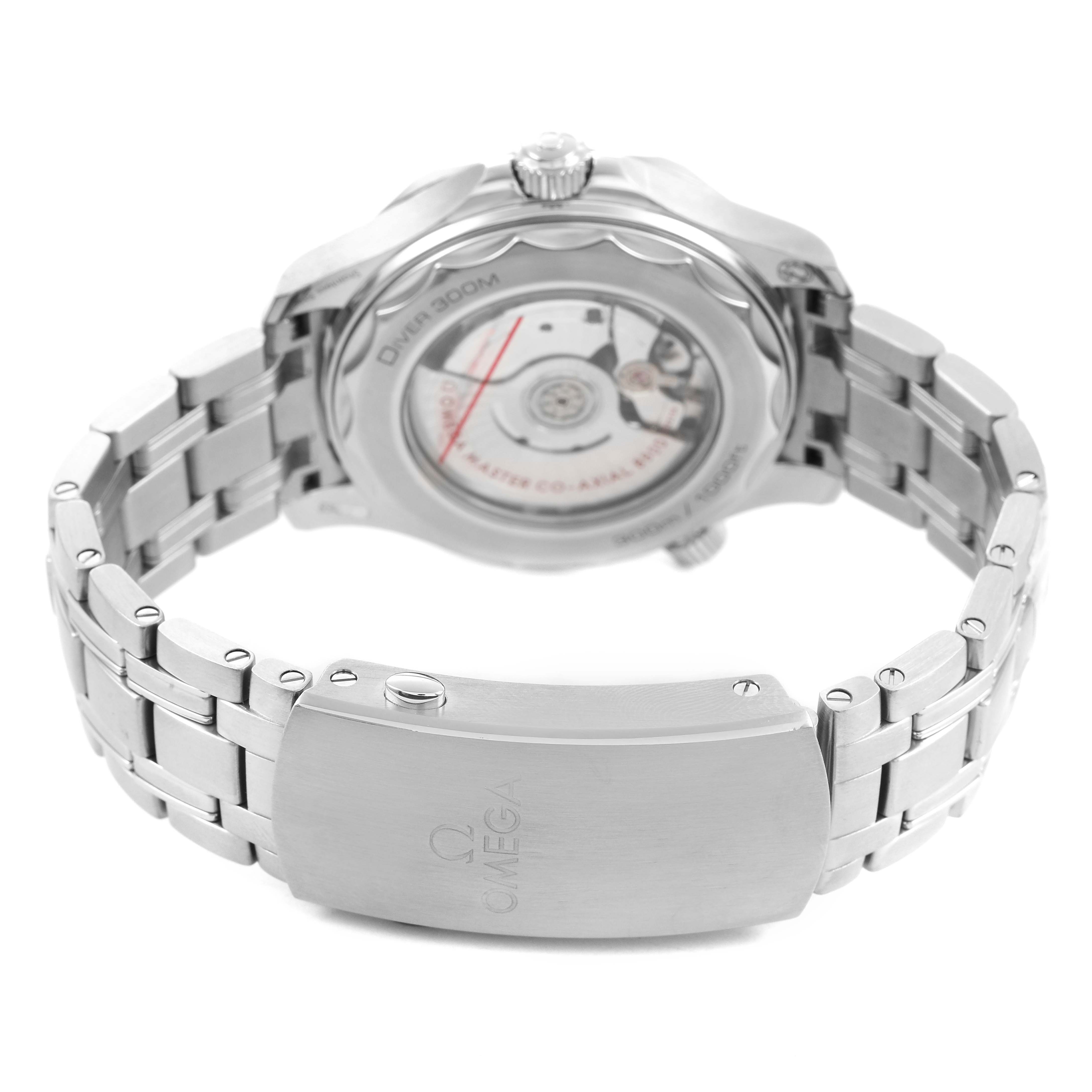 The Omega Seamaster 210.30.42.20.04.001 Men's Stainless Steel White Dial watch is shown from the back, highlighting the case back, clasp, and stainless steel bracelet.