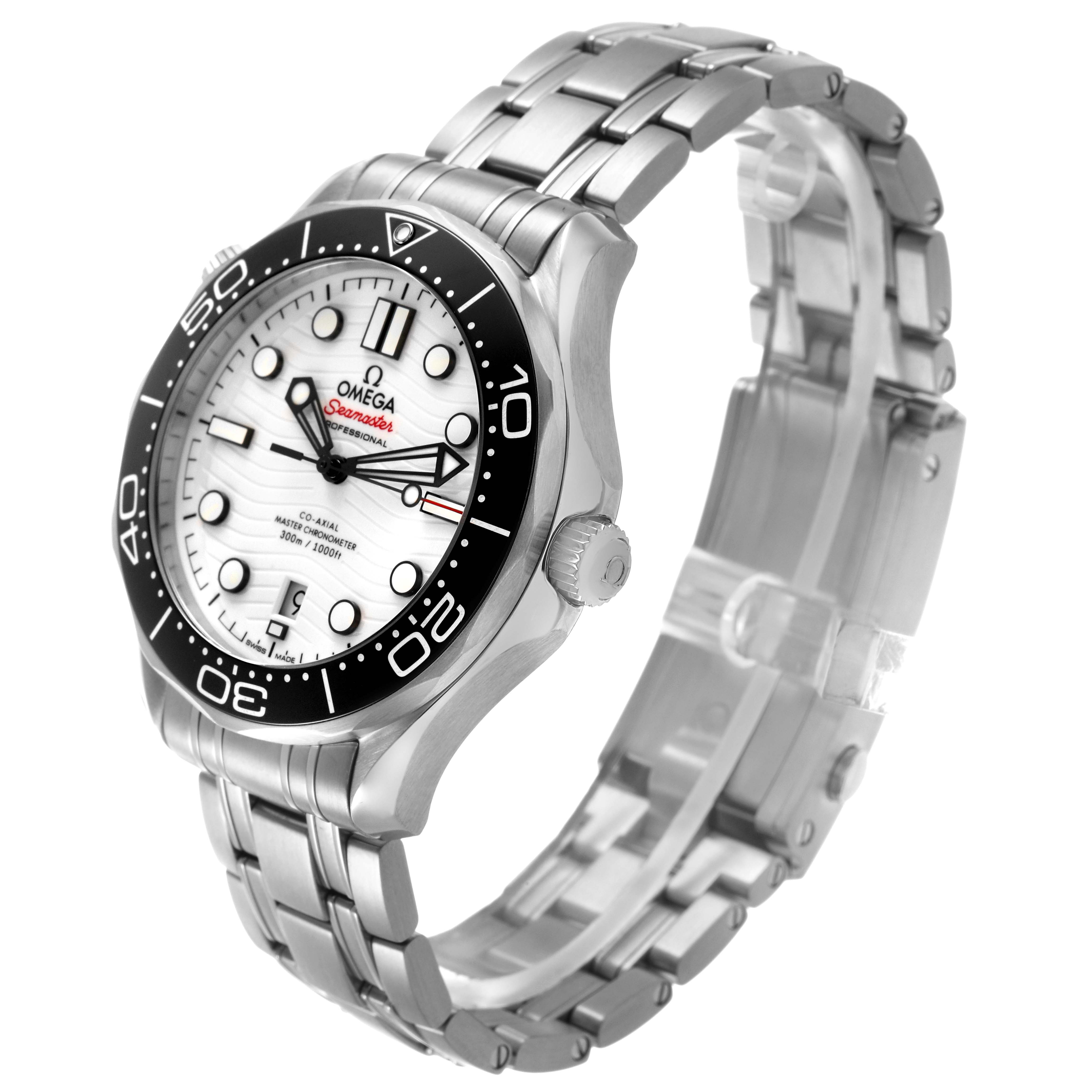 The Omega Seamaster 210.30.42.20.04.001 Men's Stainless Steel White Dial watch is shown at a three-quarter angle, highlighting the face, bezel, crown, and bracelet.