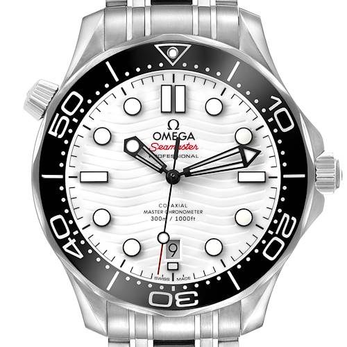The image shows a front view of the Omega Seamaster 210.30.42.20.04.001 Men's Stainless Steel White Dial watch, highlighting the dial, bezel, and bracelet.