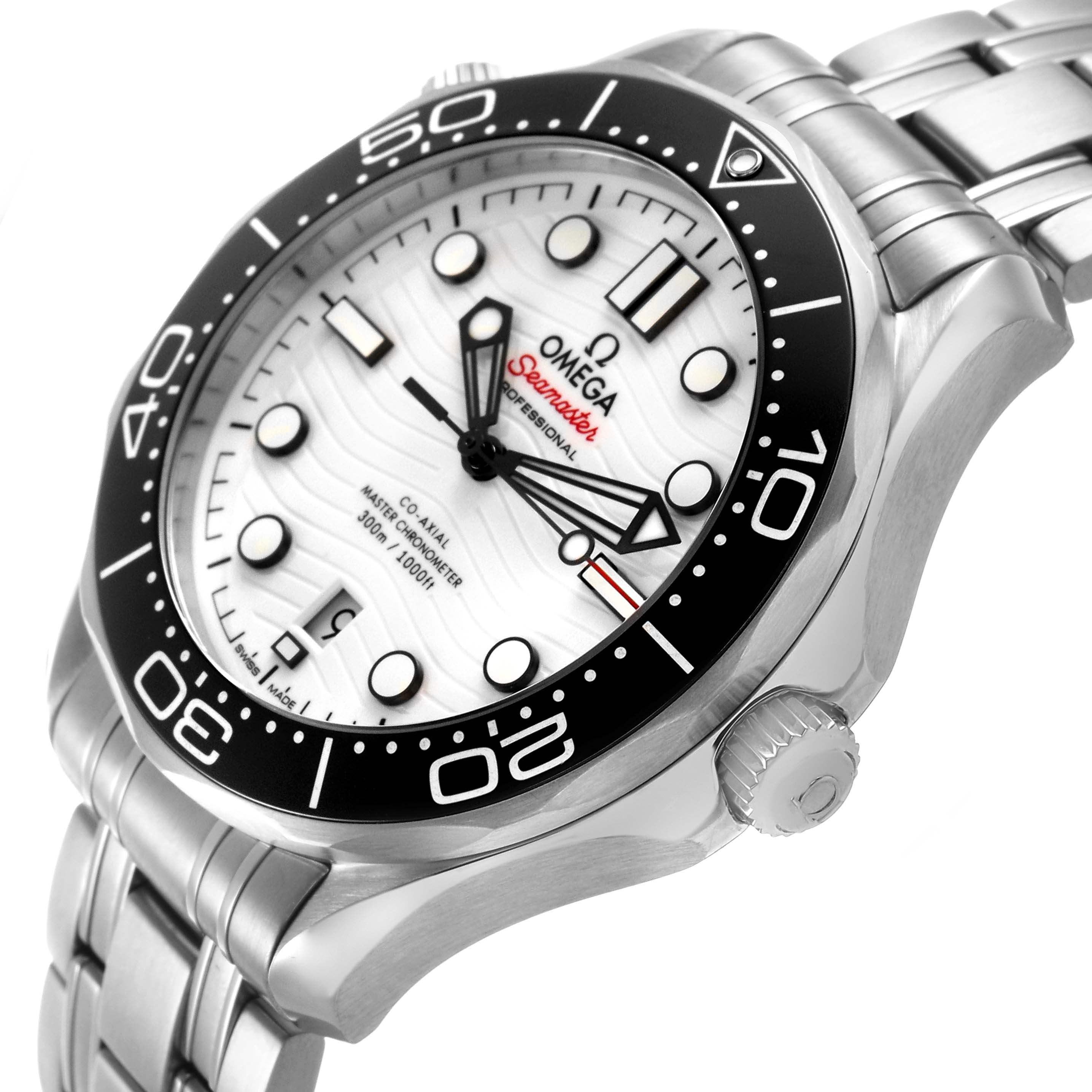 The Omega Seamaster 210.30.42.20.04.001 Men's Stainless Steel White Dial watch is shown at an angle showcasing the dial, bezel, crown, and bracelet.