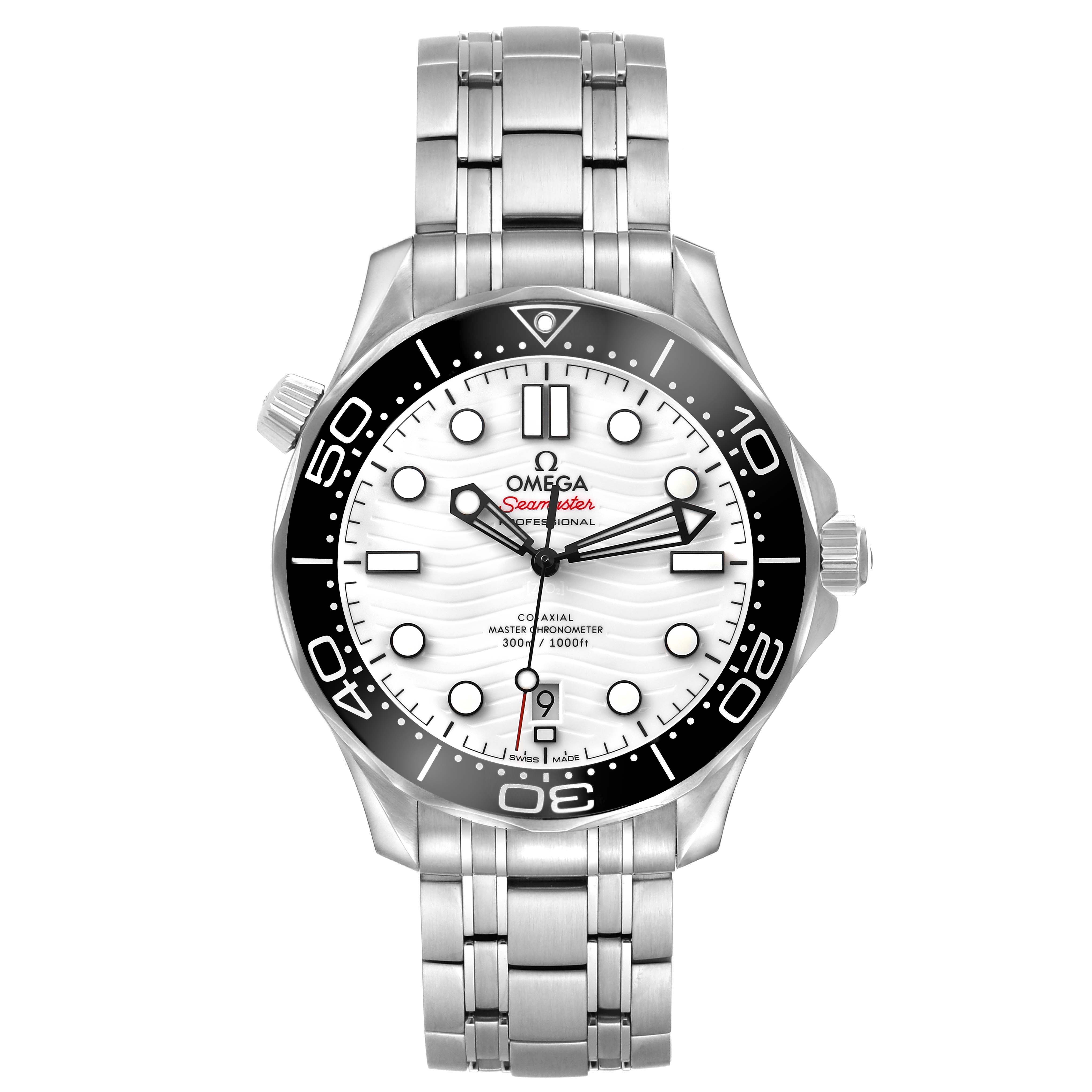 This Omega Seamaster 210.30.42.20.04.001 Men's Stainless Steel White Dial model is shown from a front angle, highlighting its dial, bezel, and metal bracelet.
