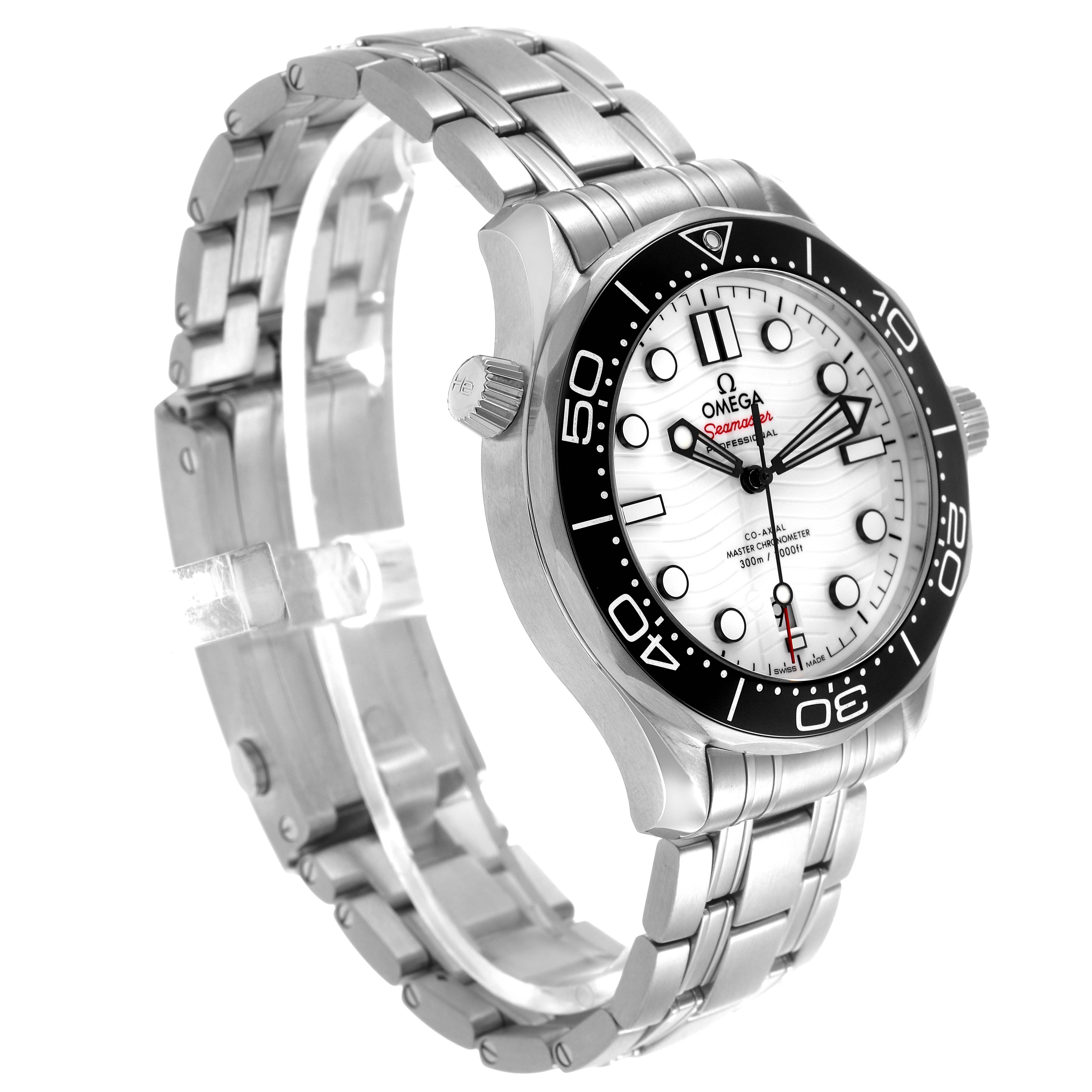 The Omega Seamaster 210.30.42.20.04.001 Men's Stainless Steel White Dial is shown from a three-quarter angle, highlighting the dial, bezel, crown, and stainless steel bracelet.