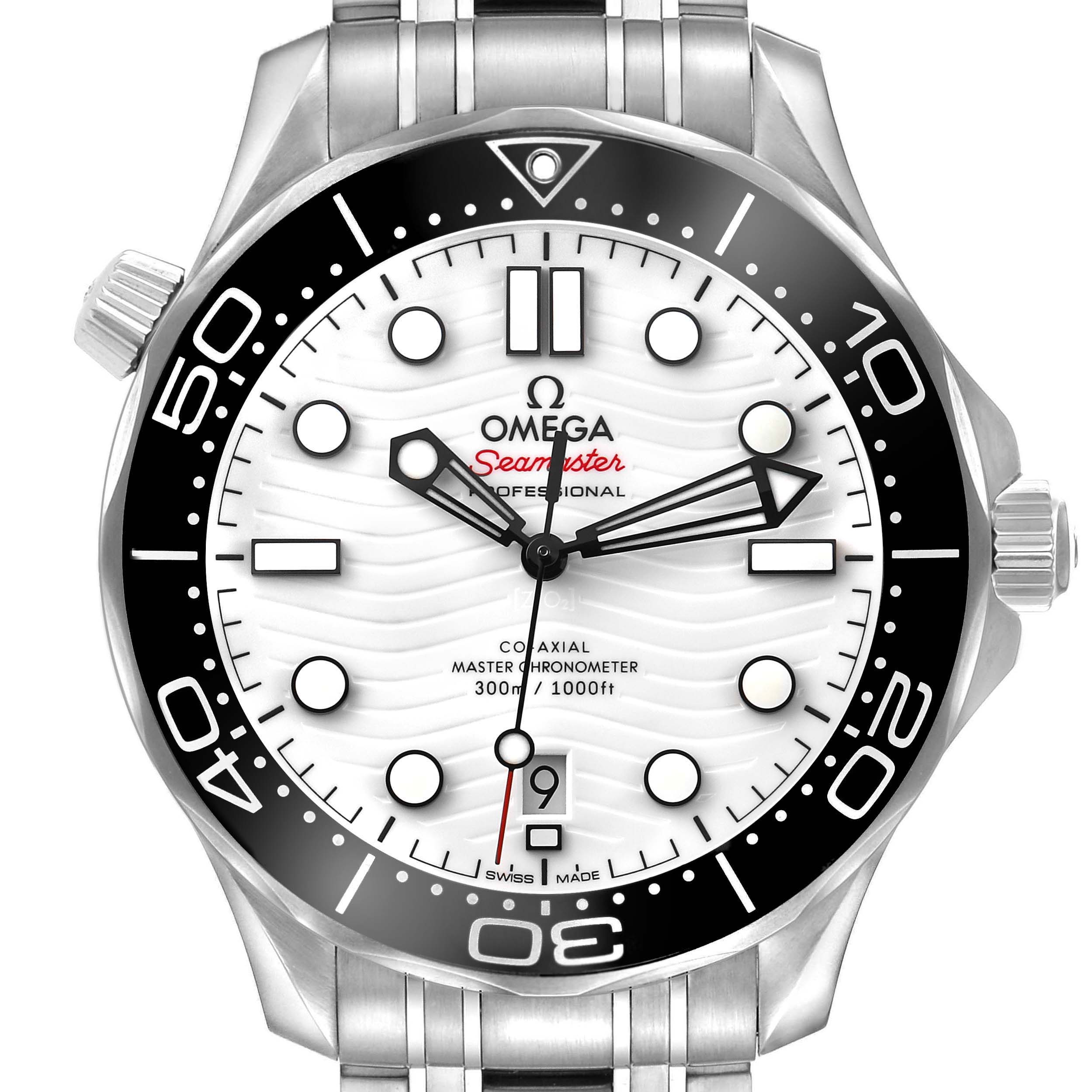 The Omega Seamaster 210.30.42.20.04.001 Men's Stainless Steel White Dial watch is shown from the front, highlighting its white dial, black bezel, and stainless steel bracelet.