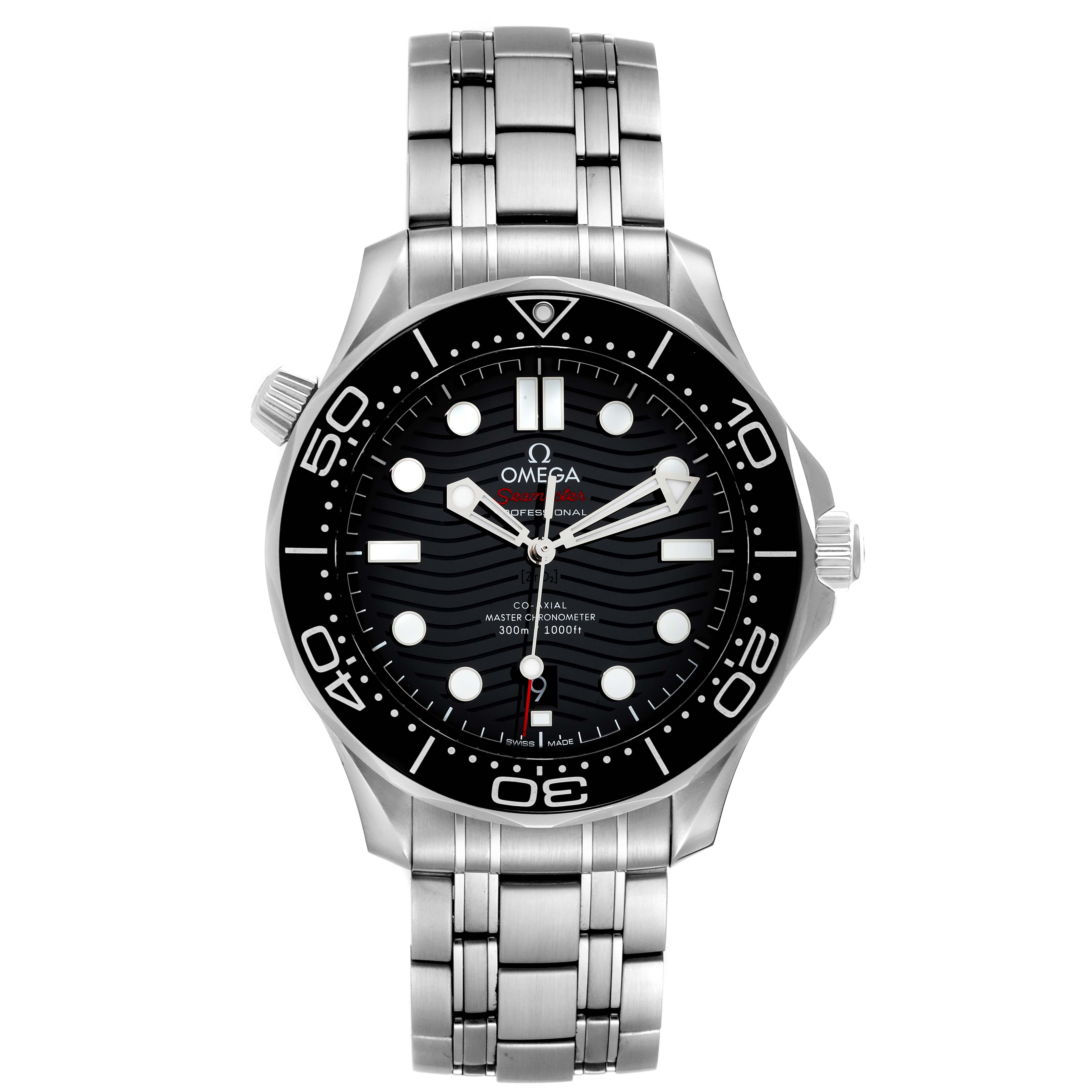 The image shows a front view of the Omega Seamaster 210.30.42.20.01.001 Men's Stainless Steel Black Dial 210.30.42.20.01.001 Men's Stainless Steel Black Dial watch, displaying its dial, bezel, bracelet, and crown.