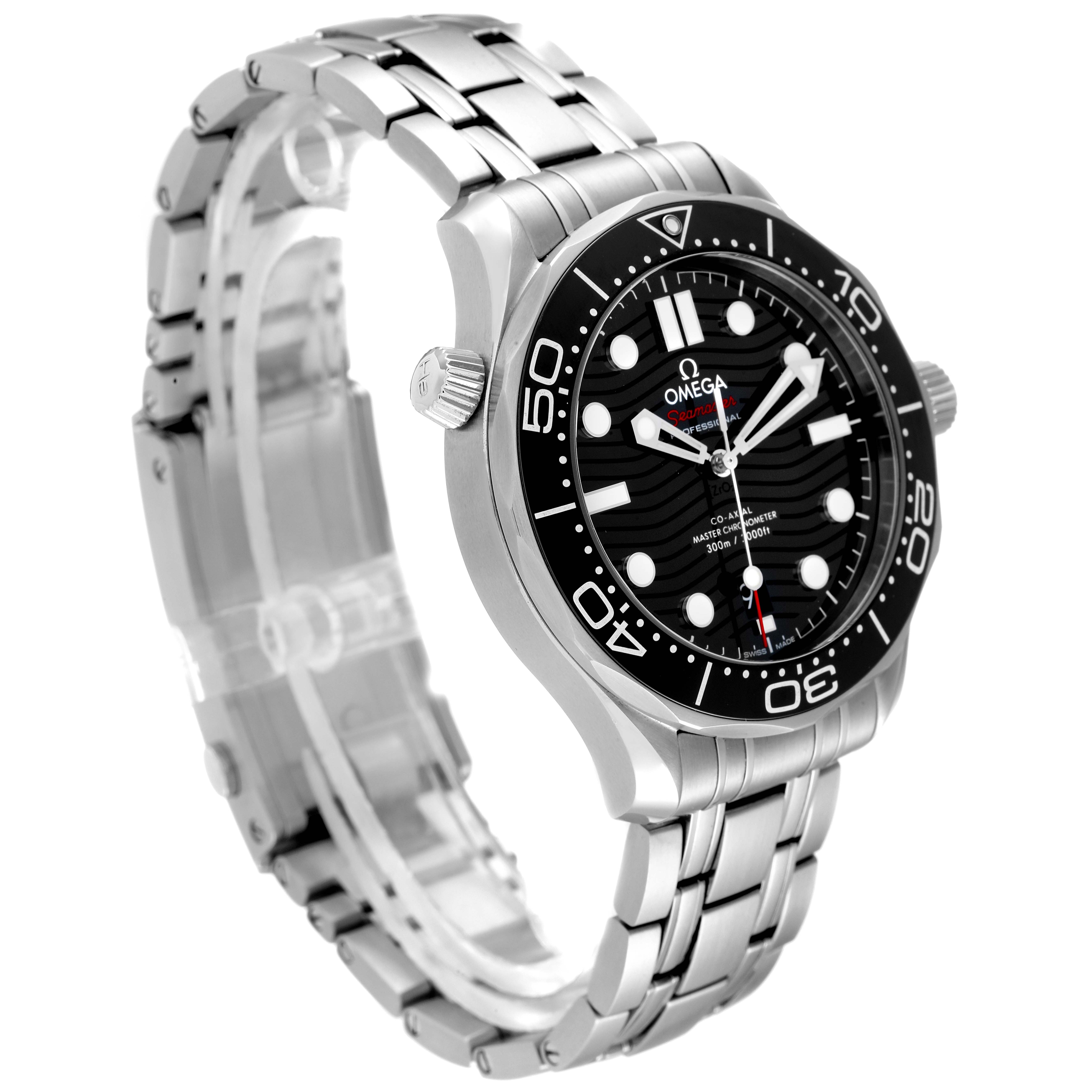 The image shows a side and front angle of the Omega Seamaster 210.30.42.20.01.001 Men's Stainless Steel Black Dial 210.30.42.20.01.001 Men's Stainless Steel Black Dial watch, highlighting the bezel, crown, and stainless steel bracelet.
