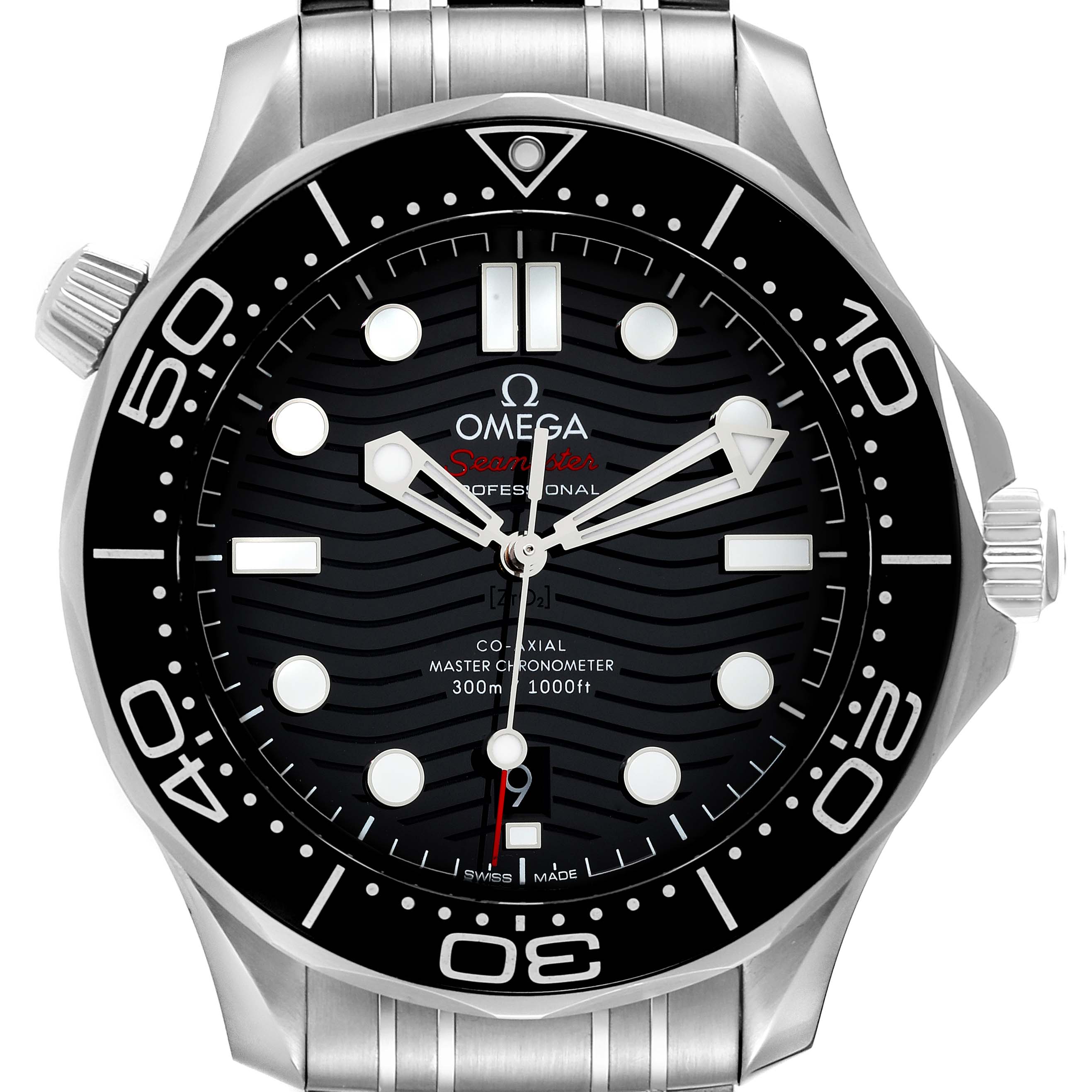 This image shows a front view of the Omega Seamaster 210.30.42.20.01.001 Men's Stainless Steel Black Dial 210.30.42.20.01.001 Men's Stainless Steel Black Dial watch, highlighting the dial, hands, bezel, and part of the bracelet.