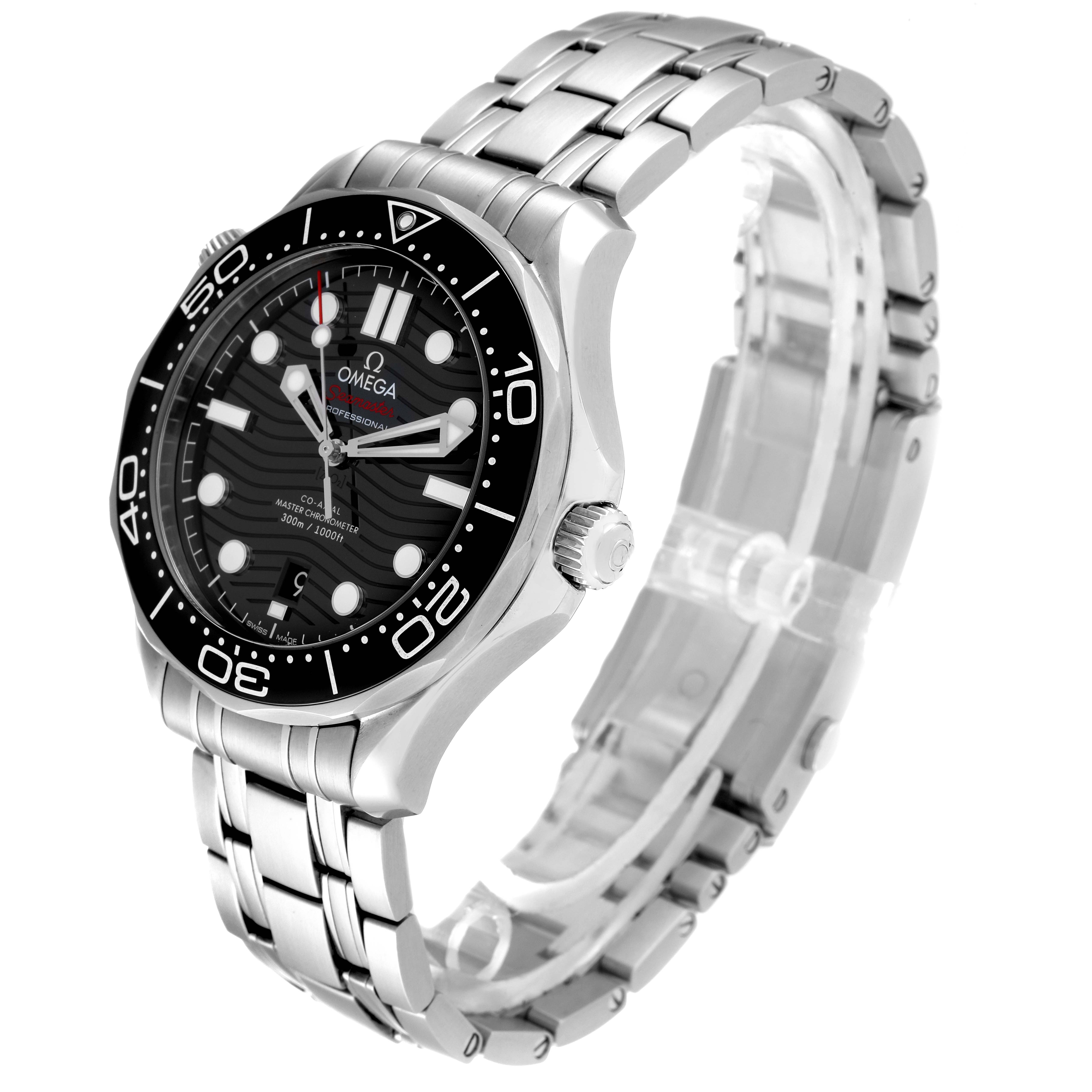 The image shows an angled view of the Omega Seamaster 210.30.42.20.01.001 Men's Stainless Steel Black Dial 210.30.42.20.01.001 Men's Stainless Steel Black Dial watch, highlighting the face, bezel, crown, and metal bracelet.