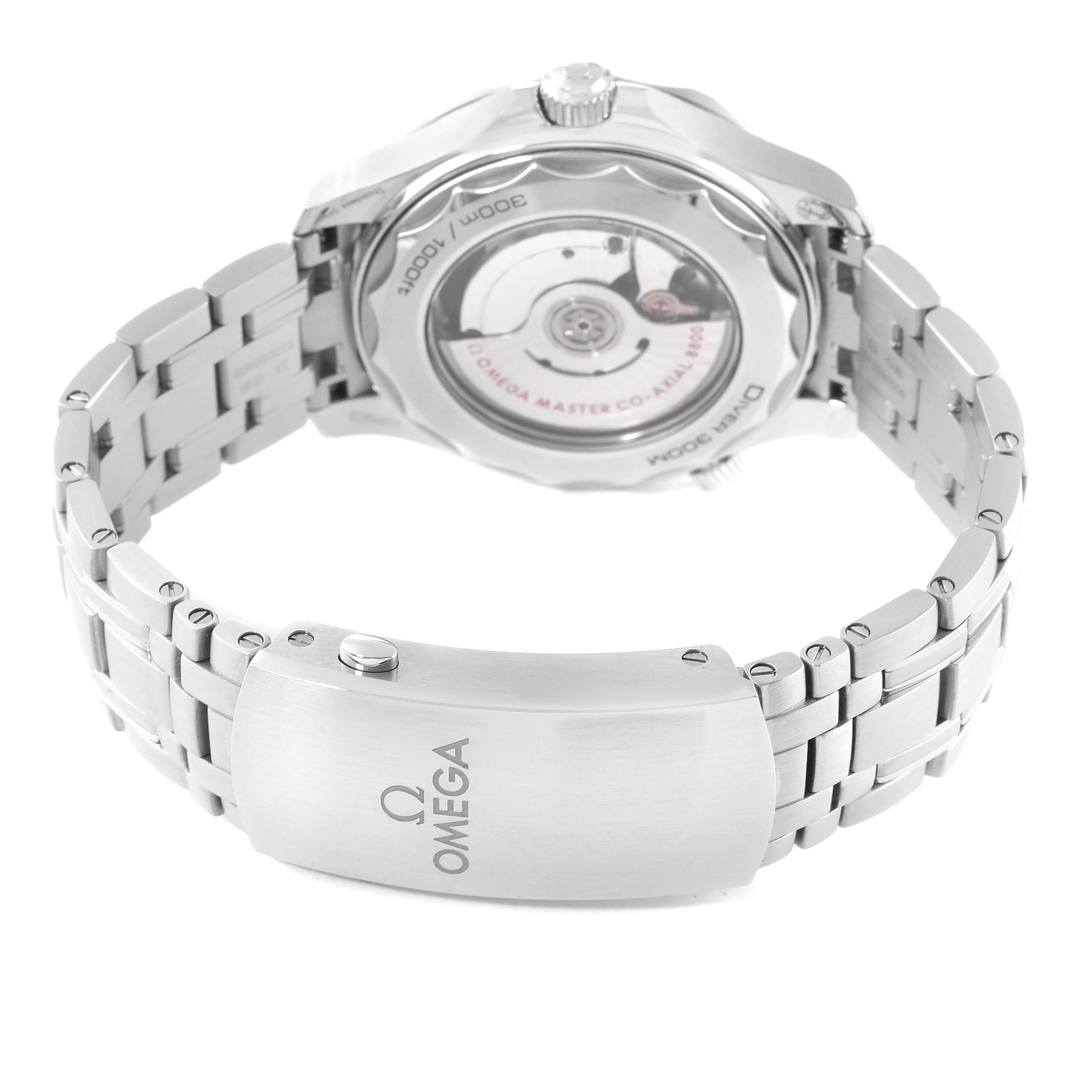 The image shows a rear angle of an Omega Seamaster 210.30.42.20.01.001 Men's Stainless Steel Black Dial 210.30.42.20.01.001 Men's Stainless Steel Black Dial watch, highlighting the case back and stainless steel bracelet with the Omega logo on the clasp.