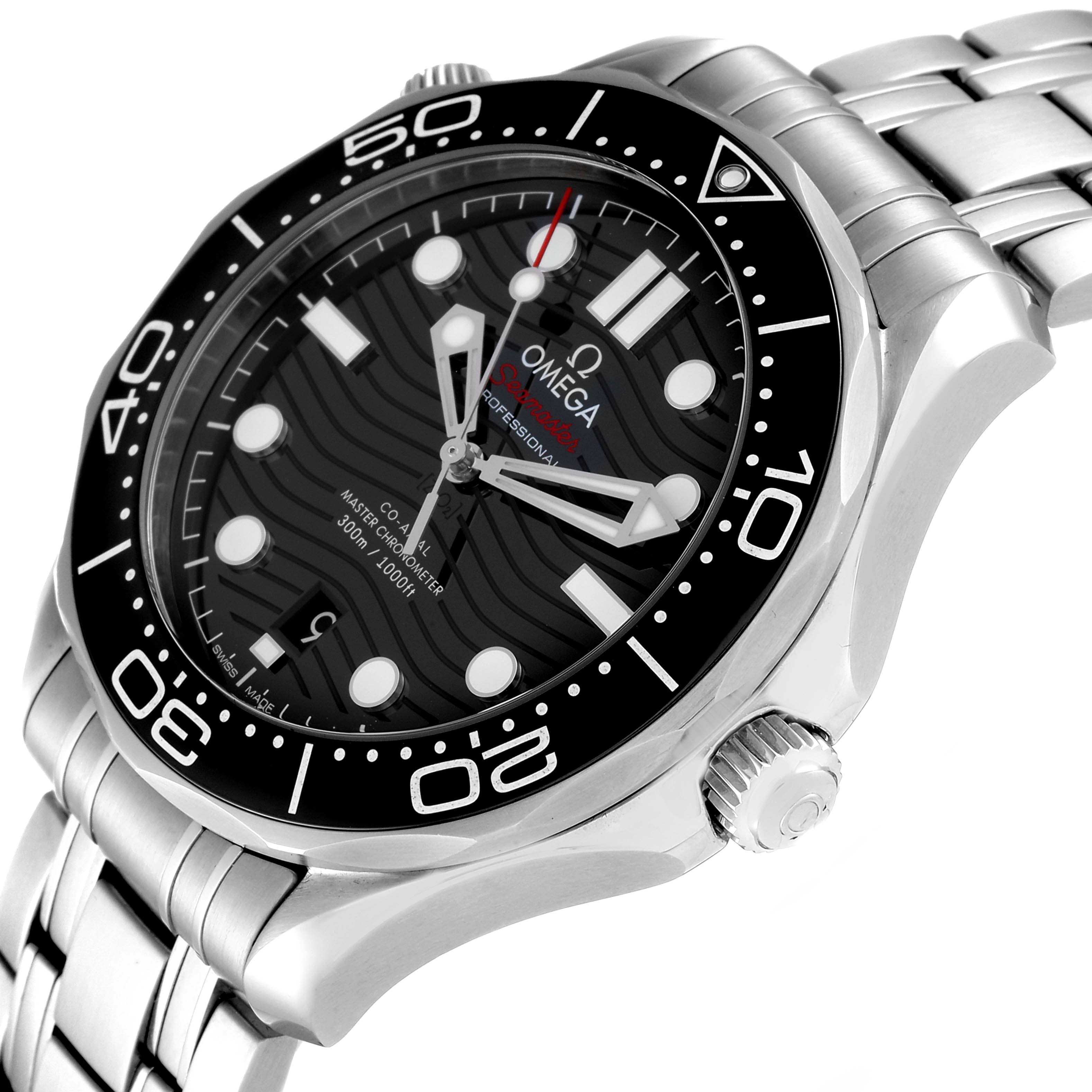 This image shows an angled side view of an Omega Seamaster 210.30.42.20.01.001 Men's Stainless Steel Black Dial 210.30.42.20.01.001 Men's Stainless Steel Black Dial watch, highlighting the bezel, dial, crown, and part of the bracelet.