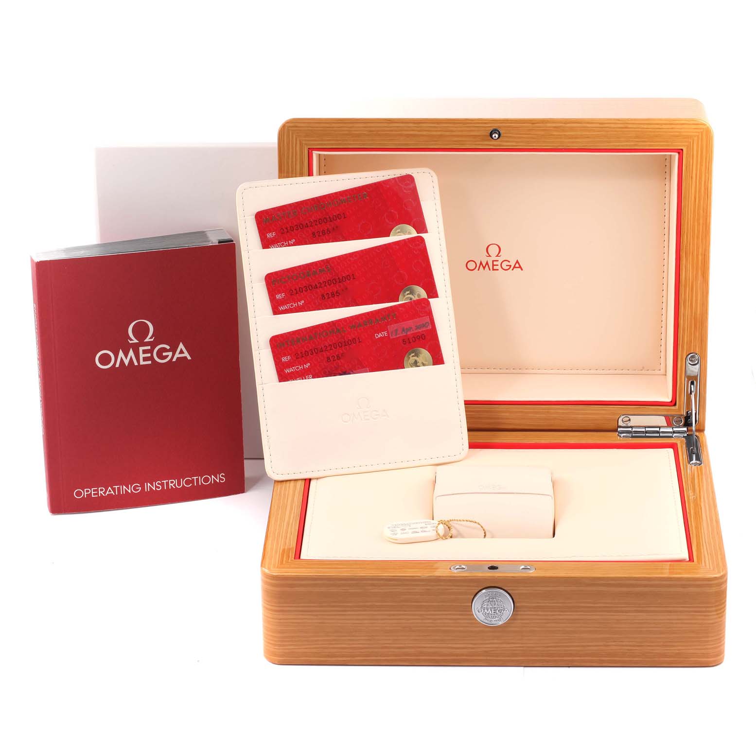 The image shows an Omega Seamaster 210.30.42.20.01.001 Men's Stainless Steel Black Dial 210.30.42.20.01.001 Men's Stainless Steel Black Dial watch box, warranty cards, and an operating instructions manual from a frontal angle.