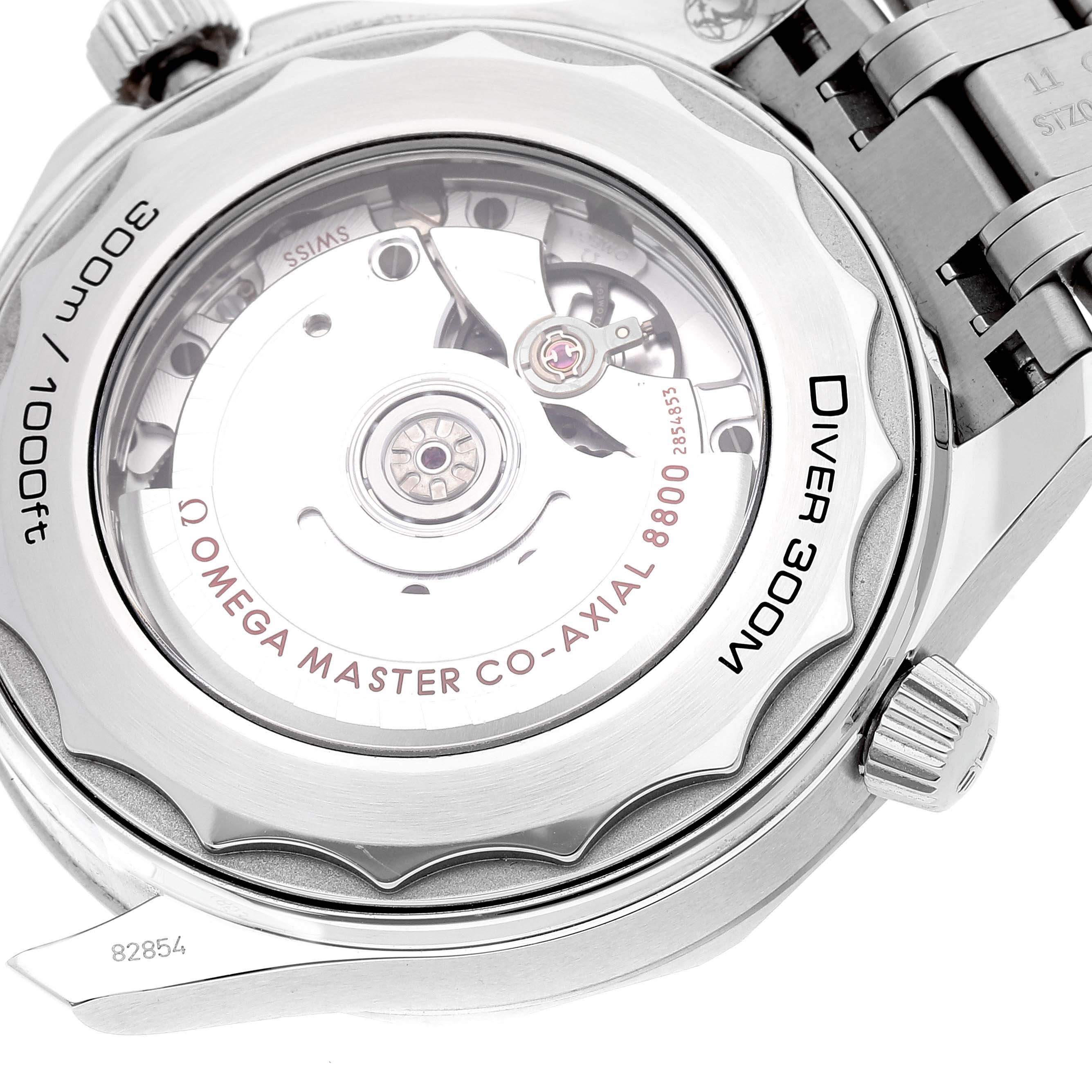 This image shows the back view of an Omega Seamaster 210.30.42.20.01.001 Men's Stainless Steel Black Dial 210.30.42.20.01.001 Men's Stainless Steel Black Dial Diver 300M, displaying the inner workings and the bracelet attachment.