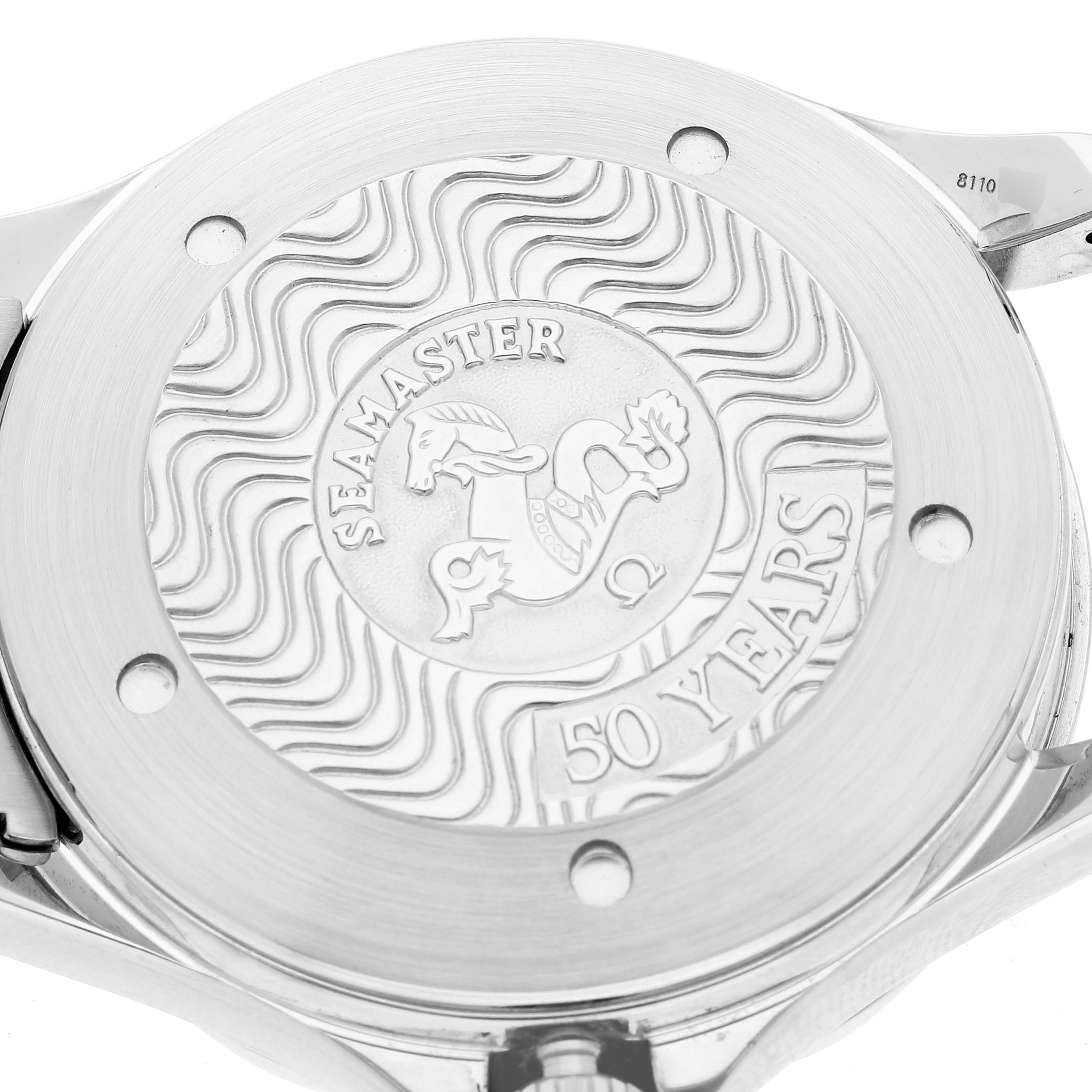 The image shows the back case of an Omega Seamaster 2534.50.00 Men's Stainless Steel Black Dial 2534.50.00 Men's Stainless Steel Black Dial watch, highlighting its 50th-anniversary engraving.