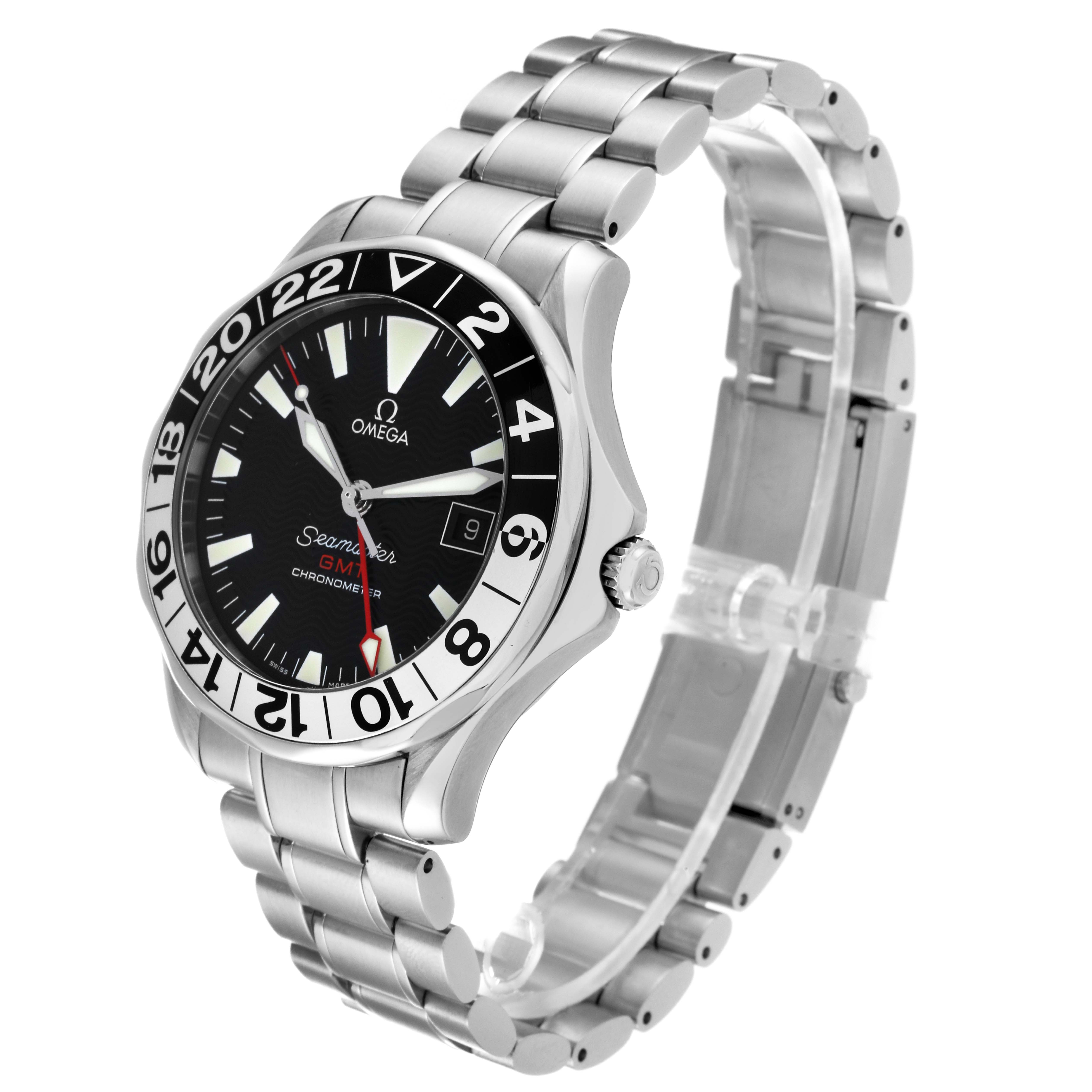 The Omega Seamaster 2534.50.00 Men's Stainless Steel Black Dial 2534.50.00 Men's Stainless Steel Black Dial watch is shown at an angled side view, displaying the face, bezel, crown, and metal bracelet.