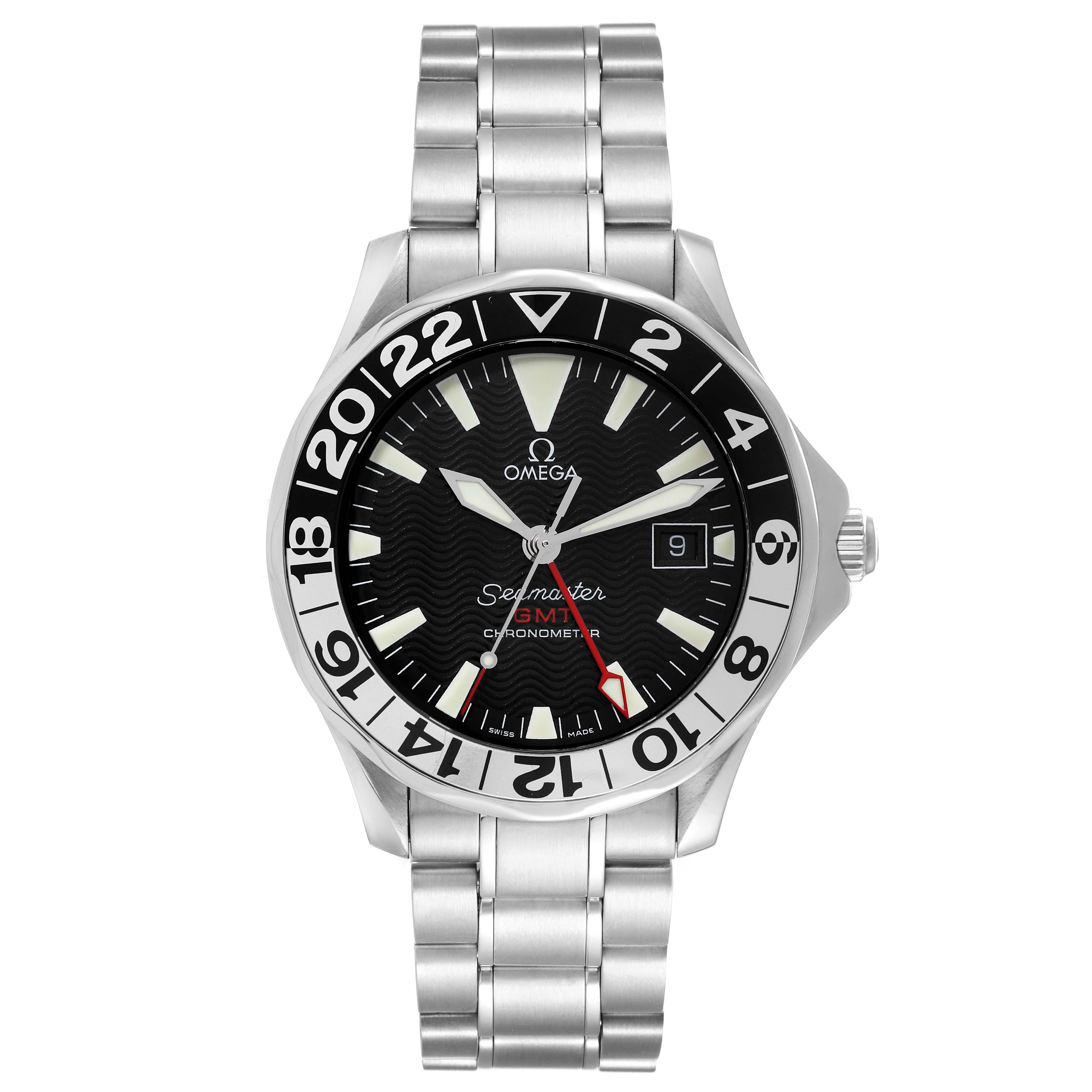 The image shows a front view of the Omega Seamaster 2534.50.00 Men's Stainless Steel Black Dial 2534.50.00 Men's Stainless Steel Black Dial GMT Chronometer watch, displaying the dial, bezel, crown, and bracelet.