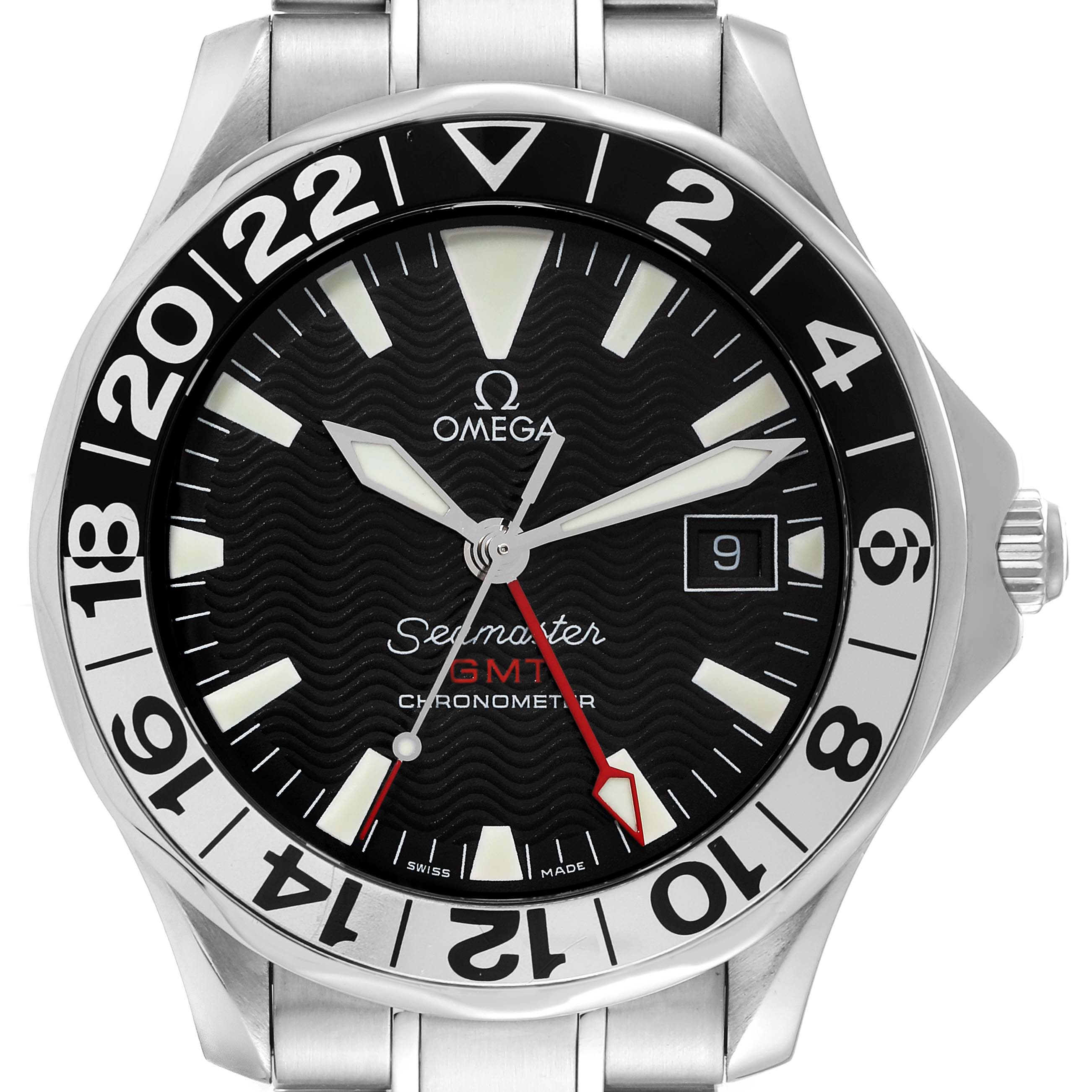 The image shows the front view of an Omega Seamaster 2534.50.00 Men's Stainless Steel Black Dial 2534.50.00 Men's Stainless Steel Black Dial GMT Chronometer watch, featuring the dial, bezel, hands, and part of the bracelet.