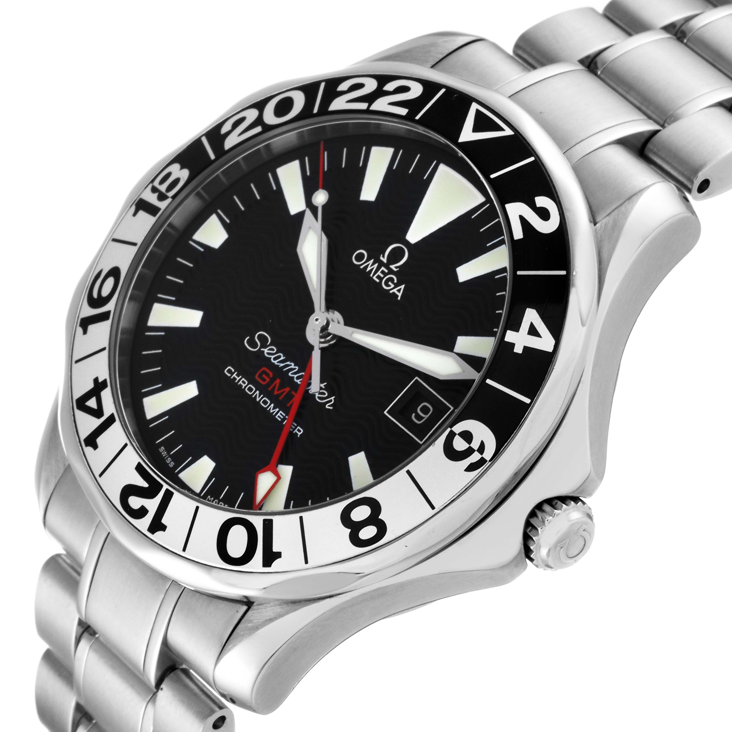 The Omega Seamaster 2534.50.00 Men's Stainless Steel Black Dial 2534.50.00 Men's Stainless Steel Black Dial watch is shown at a three-quarter angle, highlighting the face, bezel, crown, and part of the stainless steel bracelet.