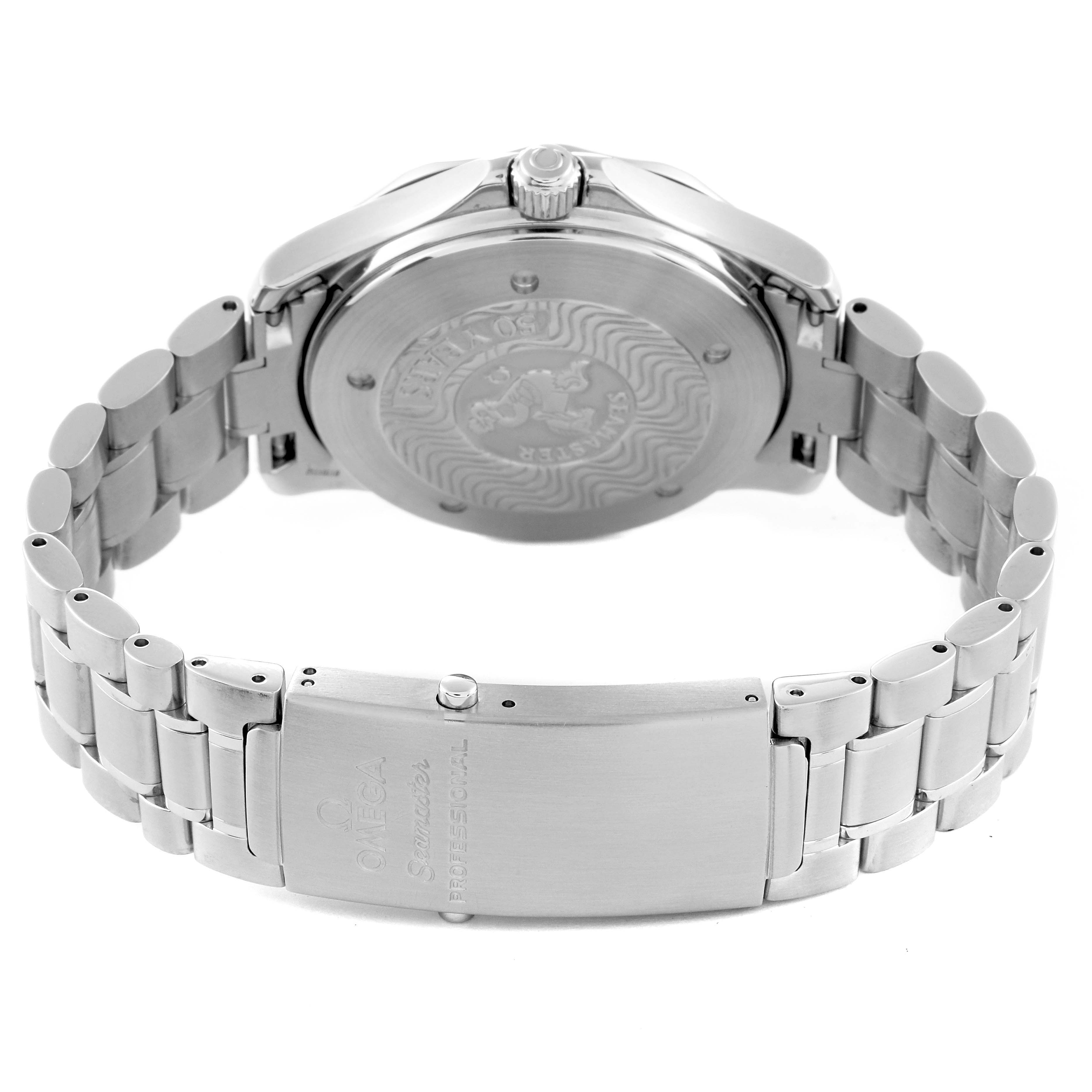 The image shows the back view of the Omega Seamaster 2534.50.00 Men's Stainless Steel Black Dial 2534.50.00 Men's Stainless Steel Black Dial watch featuring its stainless steel bracelet and clasp.