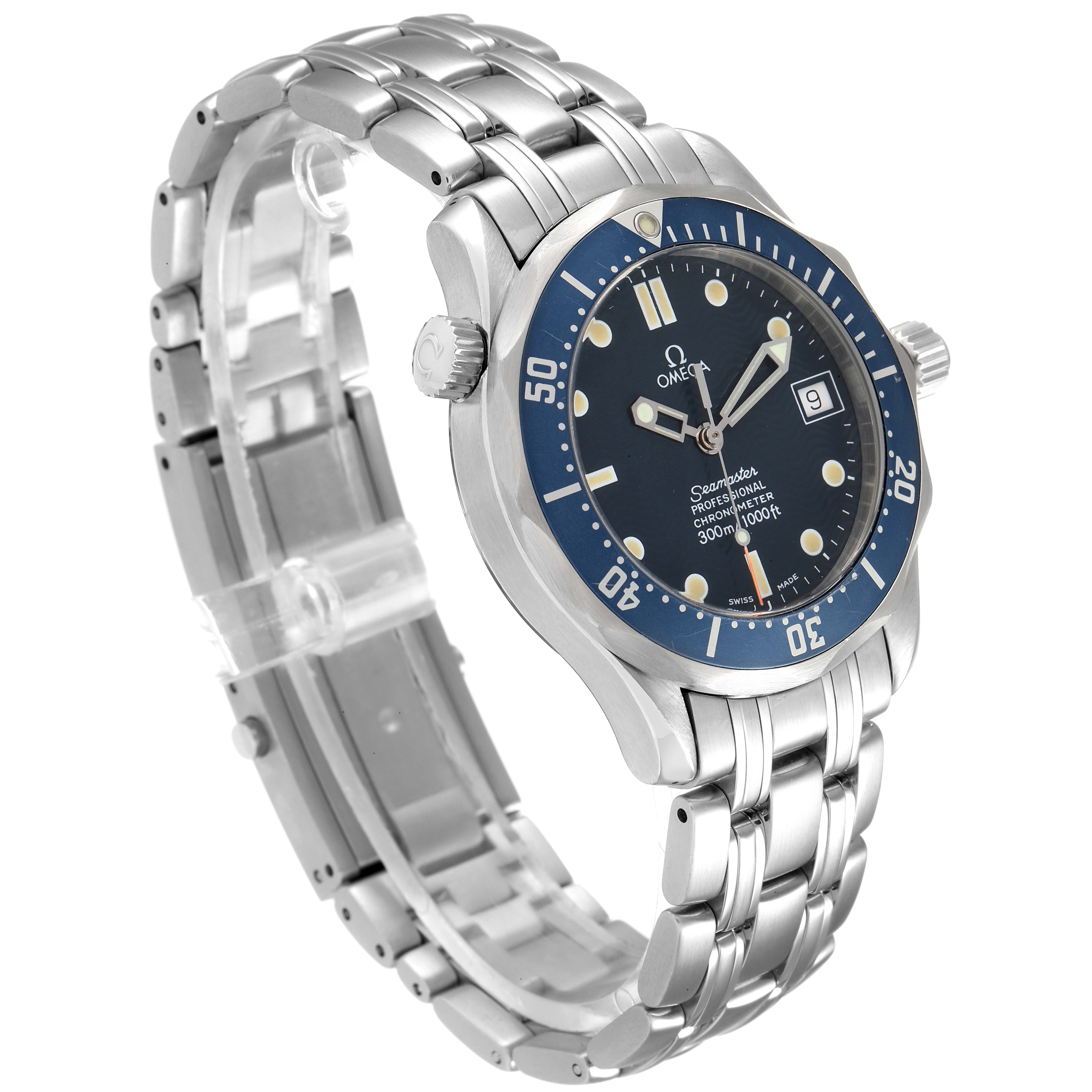 The Omega Seamaster 2551.80.00 Men's Stainless Steel Blue Dial 2551.80.00 Men's Stainless Steel Blue Dial watch is shown at a three-quarter angle, displaying the face, bezel, and metal band.