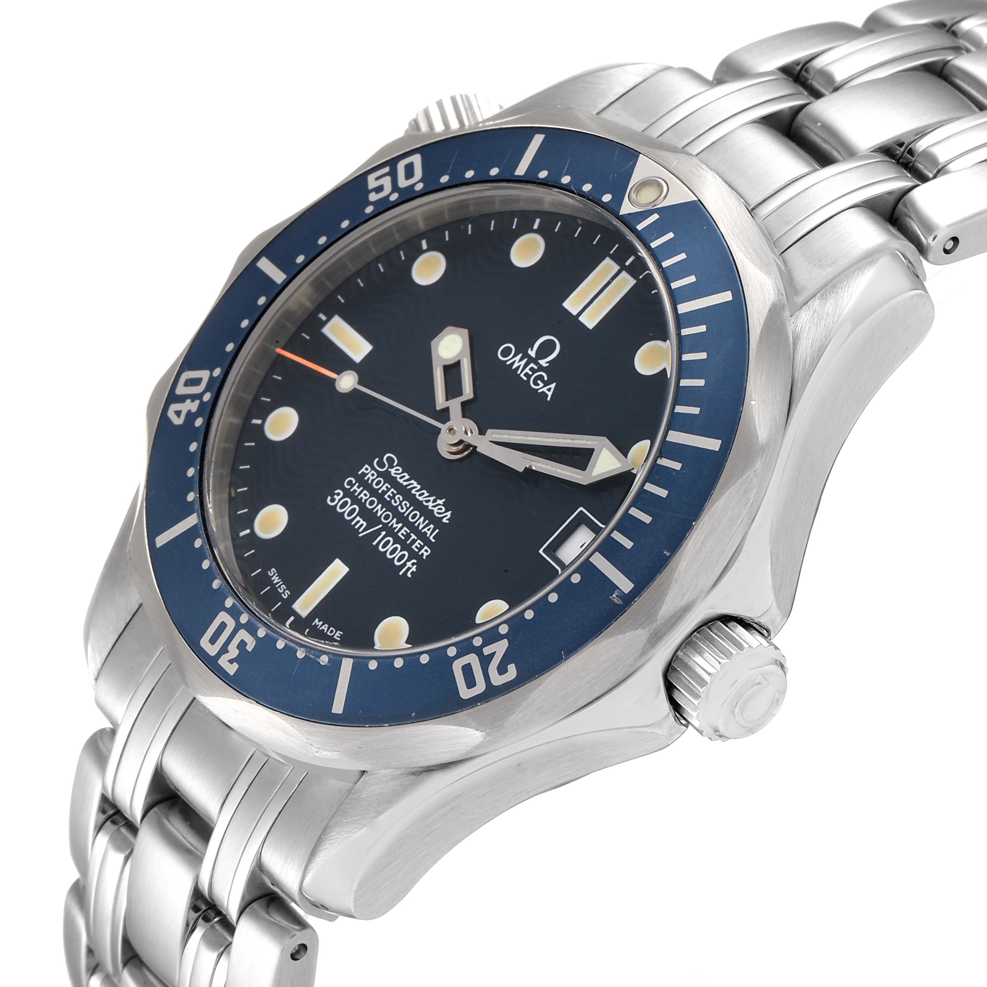 The Omega Seamaster 2551.80.00 Men's Stainless Steel Blue Dial 2551.80.00 Men's Stainless Steel Blue Dial watch is shown at a side angle, highlighting its bezel, dial, crown, and metal bracelet.