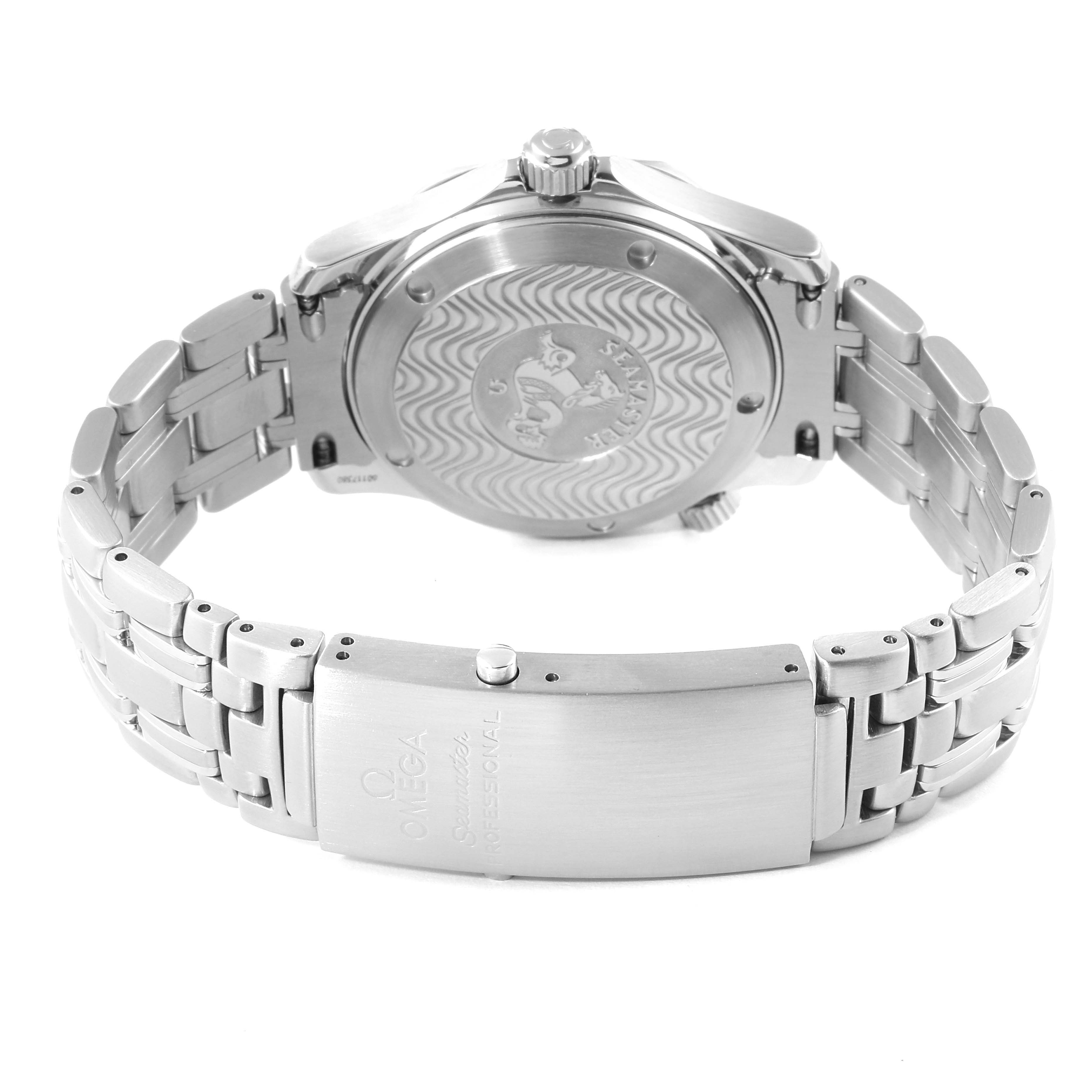 The image shows the back and clasp of an Omega Seamaster 2551.80.00 Men's Stainless Steel Blue Dial 2551.80.00 Men's Stainless Steel Blue Dial watch, highlighting its engraved case back and stainless steel bracelet.